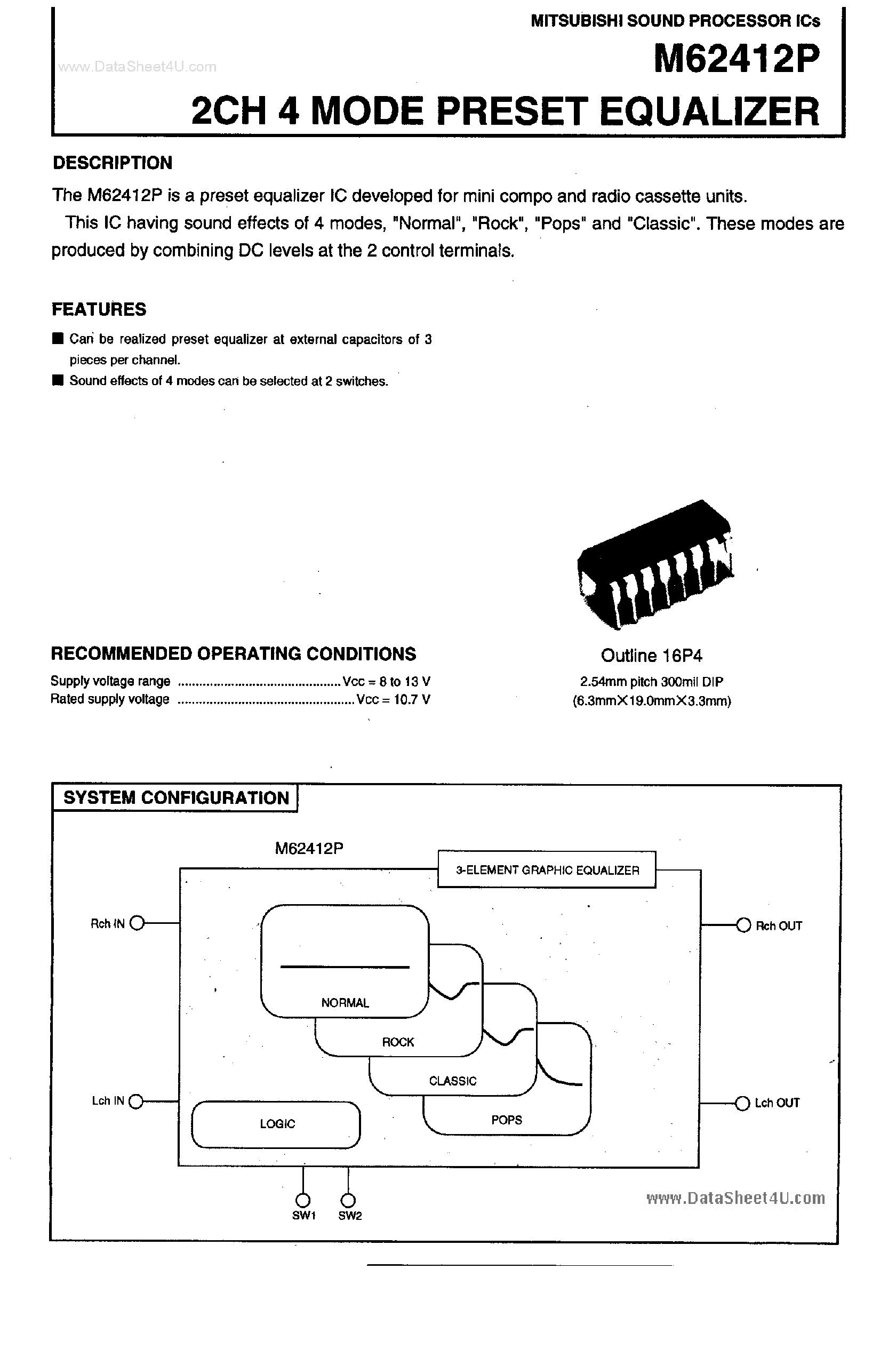 Datasheet M62412P - 2Ch 4-Mode Preset Equalizer page 1