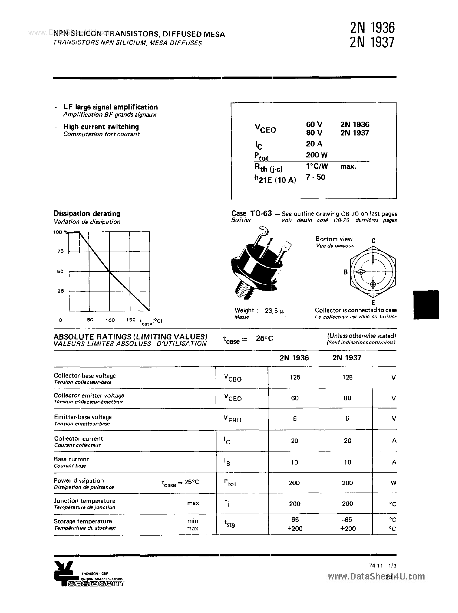 Datasheet 2N1936 page 1 Datasheet 2N1936 - (2N1936 / 2N1937) Power Transistor page 1