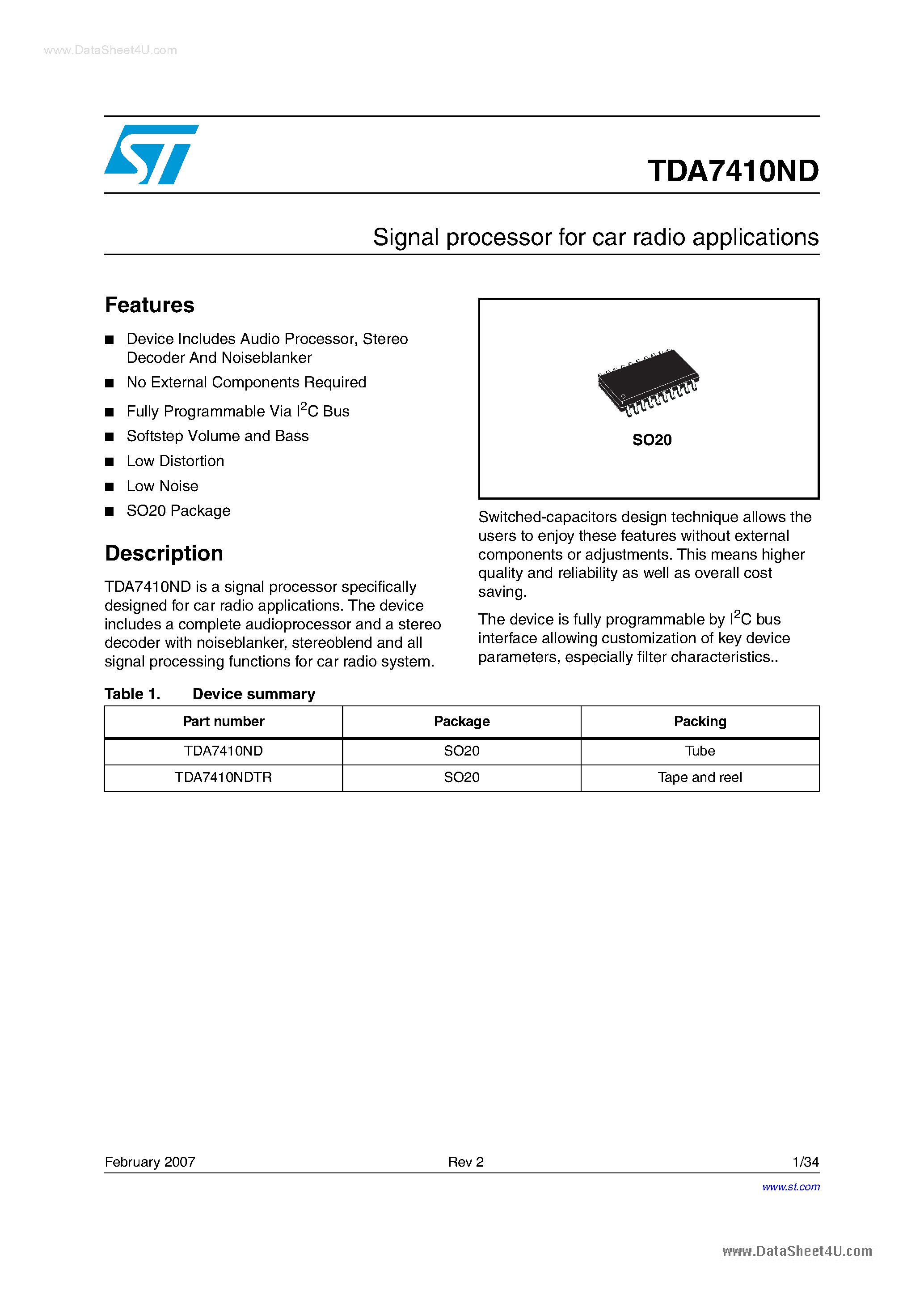 Datasheet TDA7410ND - Signal processor page 1