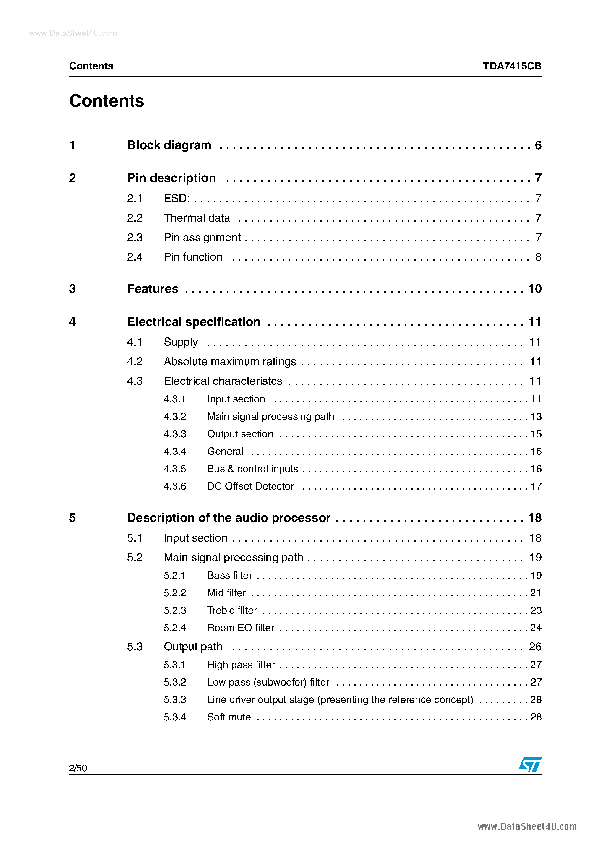 Datasheet TDA7415CB - Car radio multimedia signal processor page 2