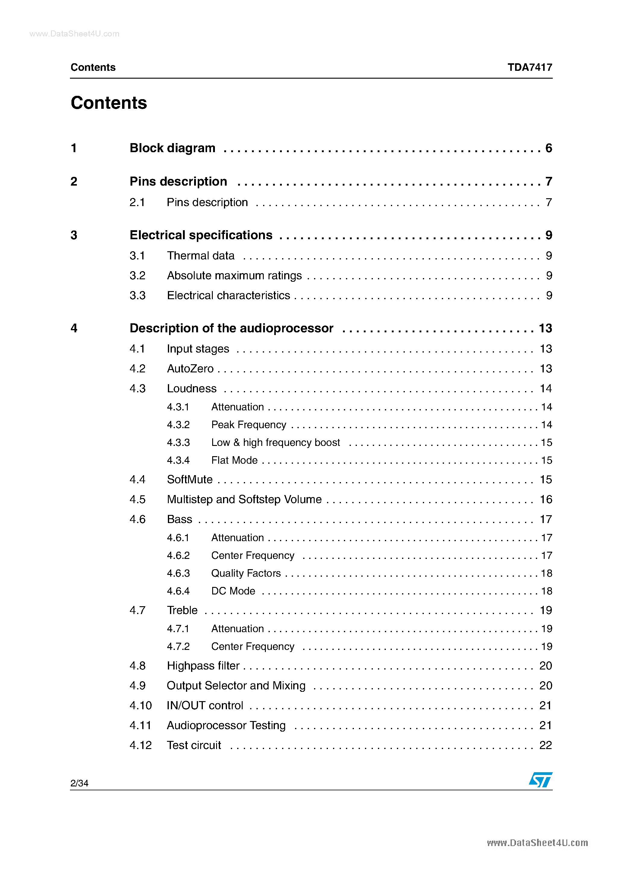Datasheet TDA7417 - Car radio audio processor page 2