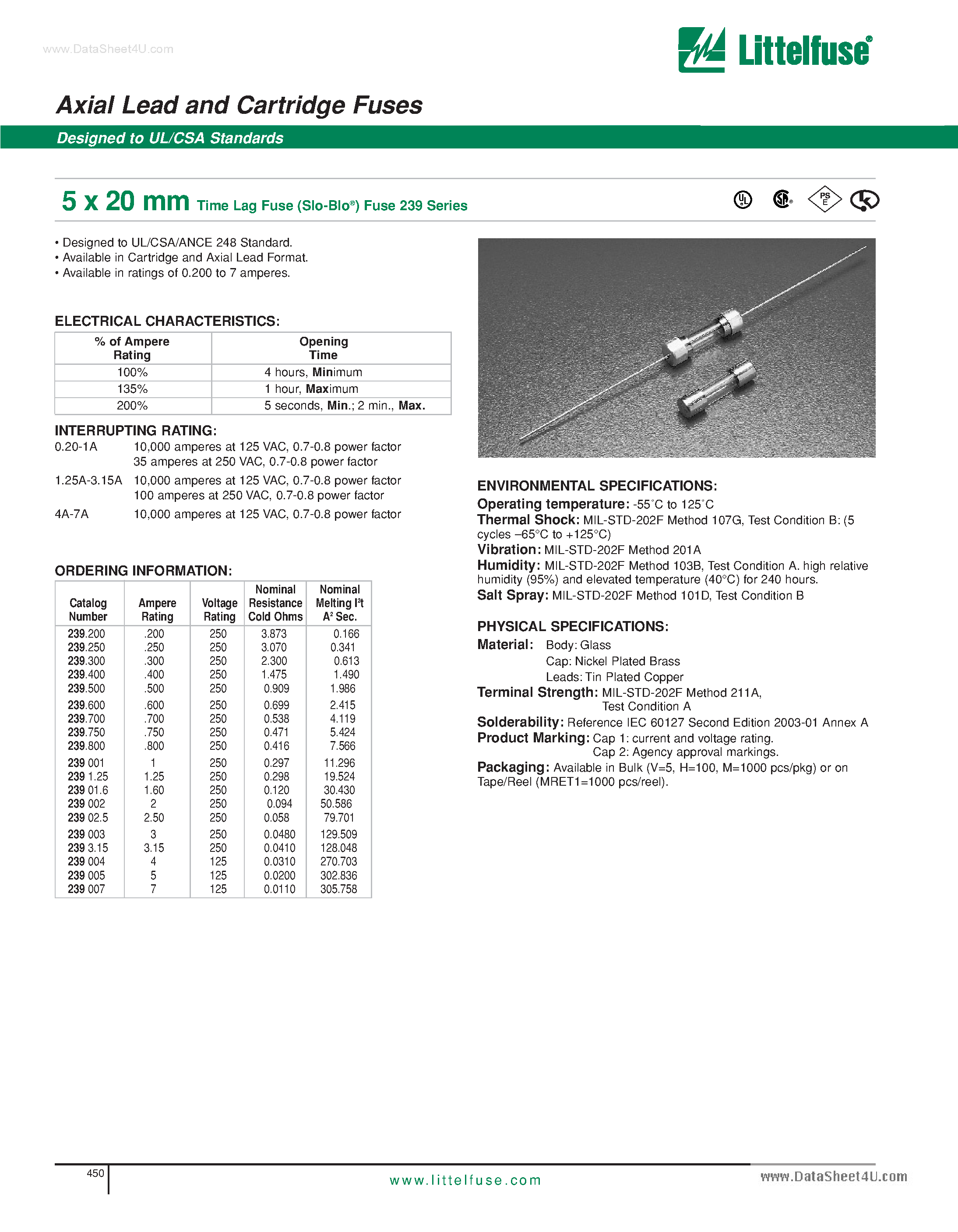 Datasheet 239300 - 5 x 20 mm Time Lag Fuse (Slo-Blo) Fuse page 1