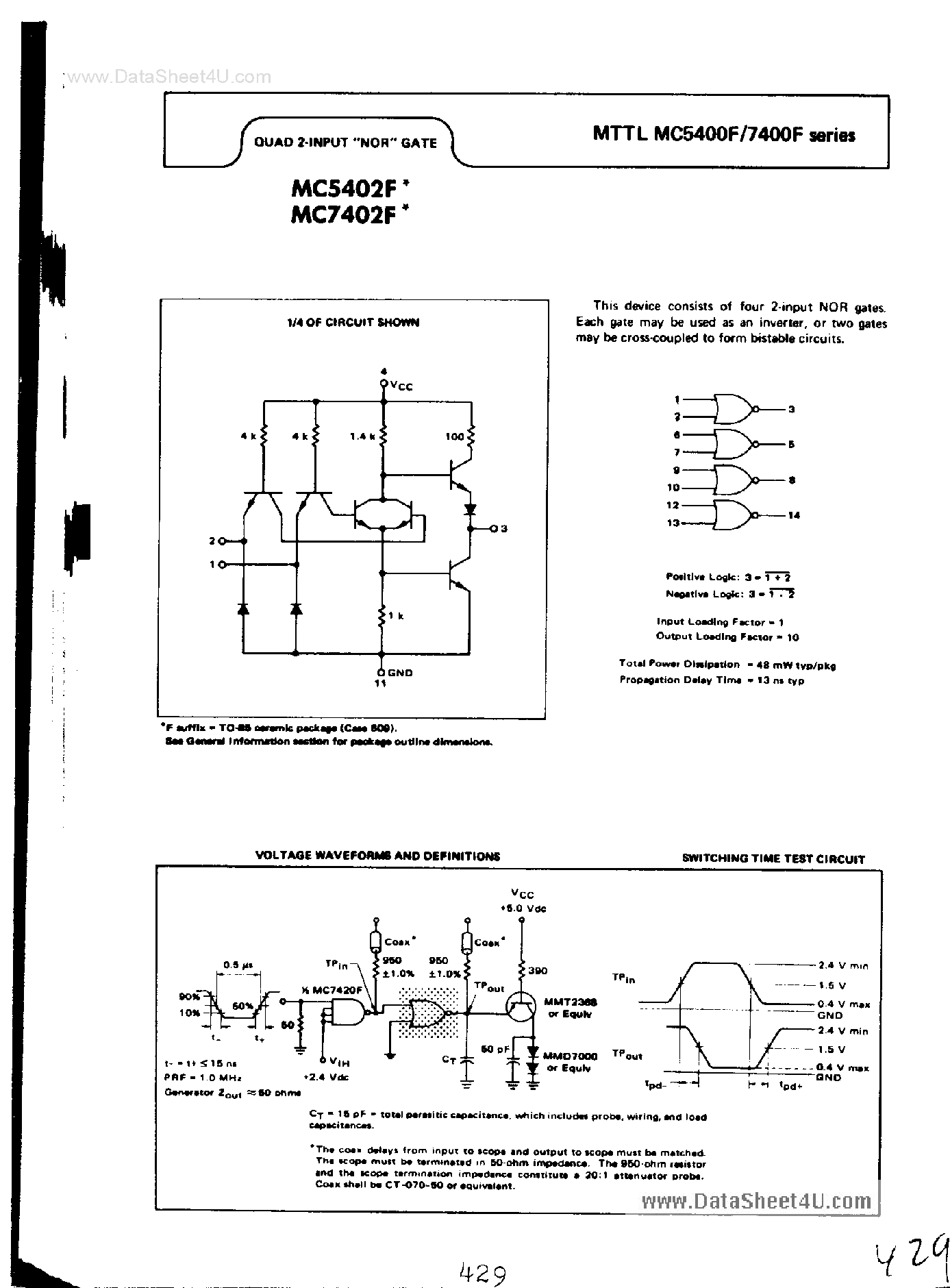 Datasheet MC5402F page 1 Datasheet MC5402F - Quad 2-Input NOR Gate page 1
