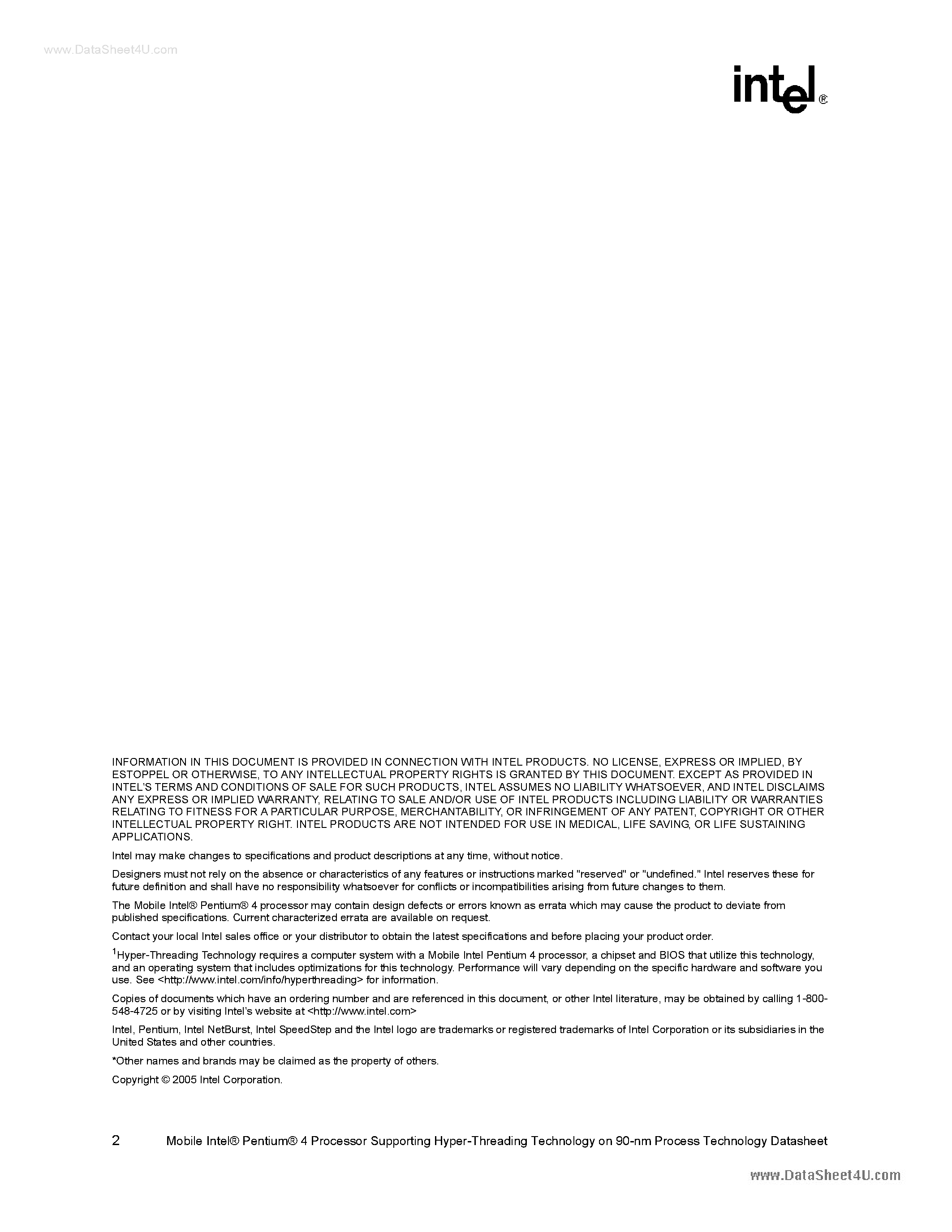 Datasheet RK80546HE0721M - Mobile Intel Pentium 4 Processor Supporting Hyper Threading Technology page 2