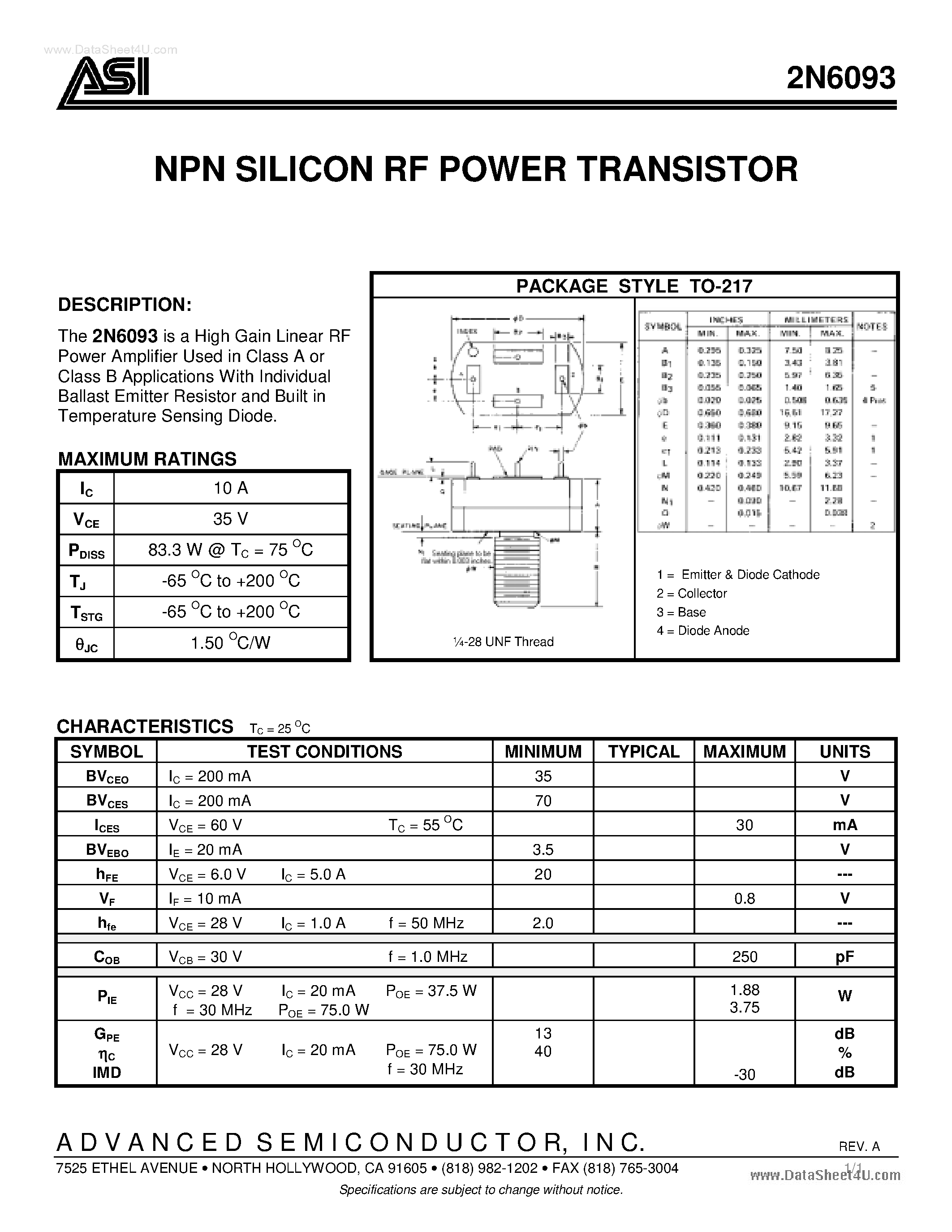 Datasheet 2N6093 - NPN SILICON RF POWER TRANSISTOR page 1