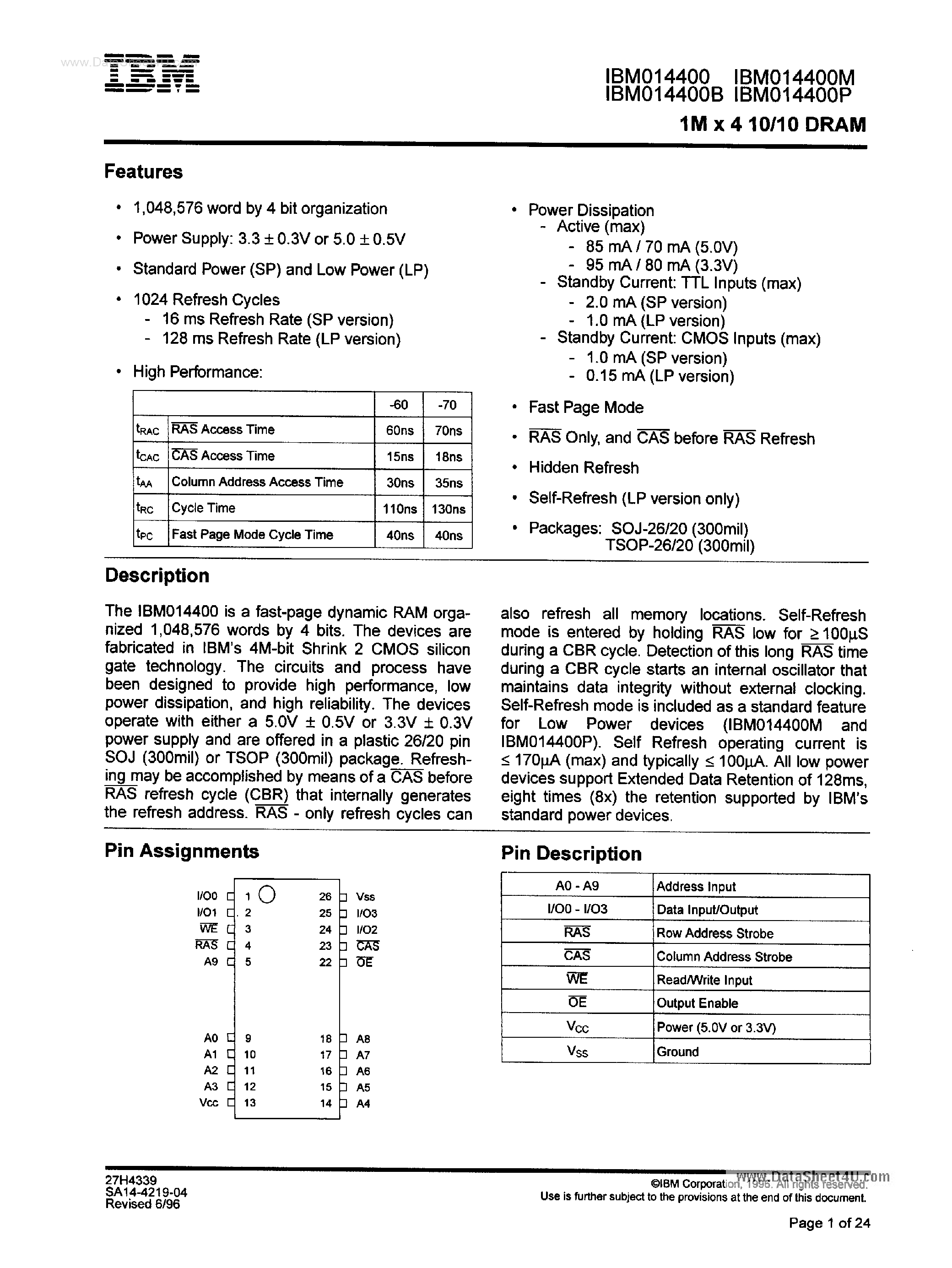 Даташит IBM014400 - 1M X 4 10/10 DRAM страница 1