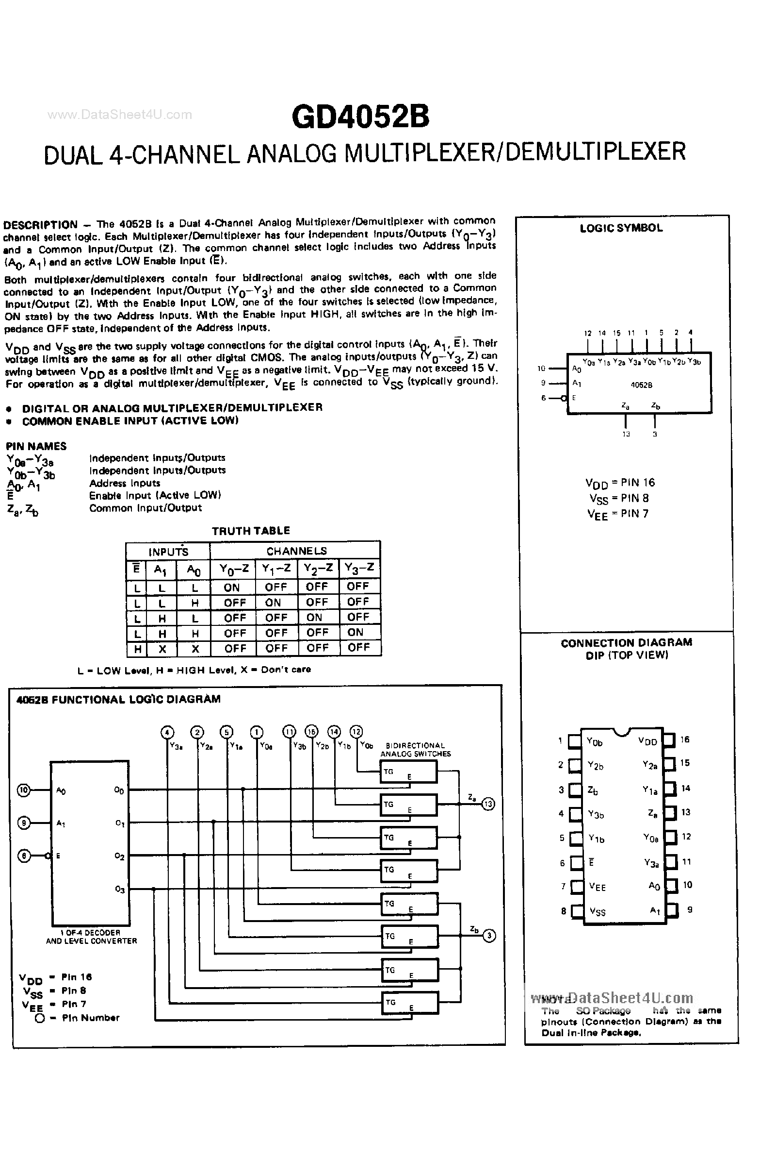 Datasheet GD4052B - Dual 4-Channel Analog Multiplexer / Demultiplexer page 1