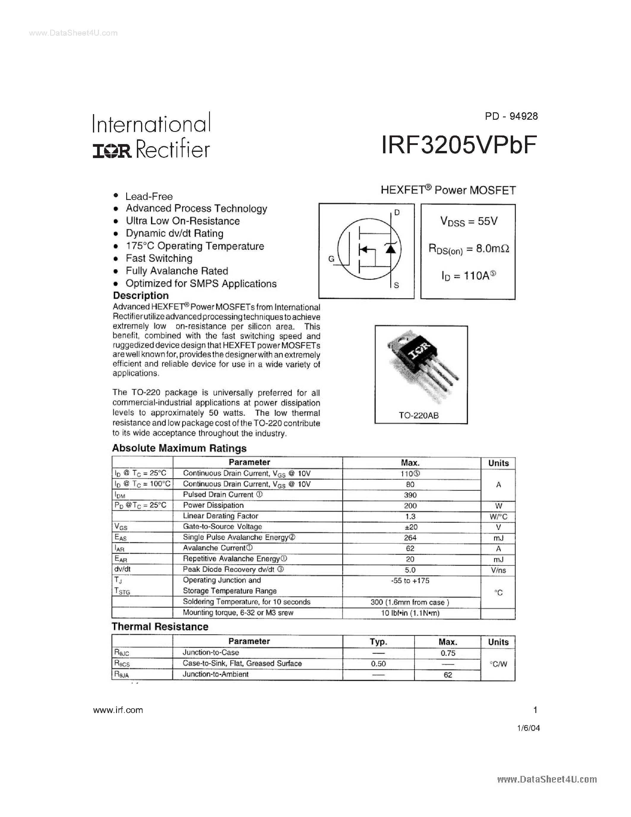 Datasheet IRF3205VPBF - HEXFET Power MOSFET page 1