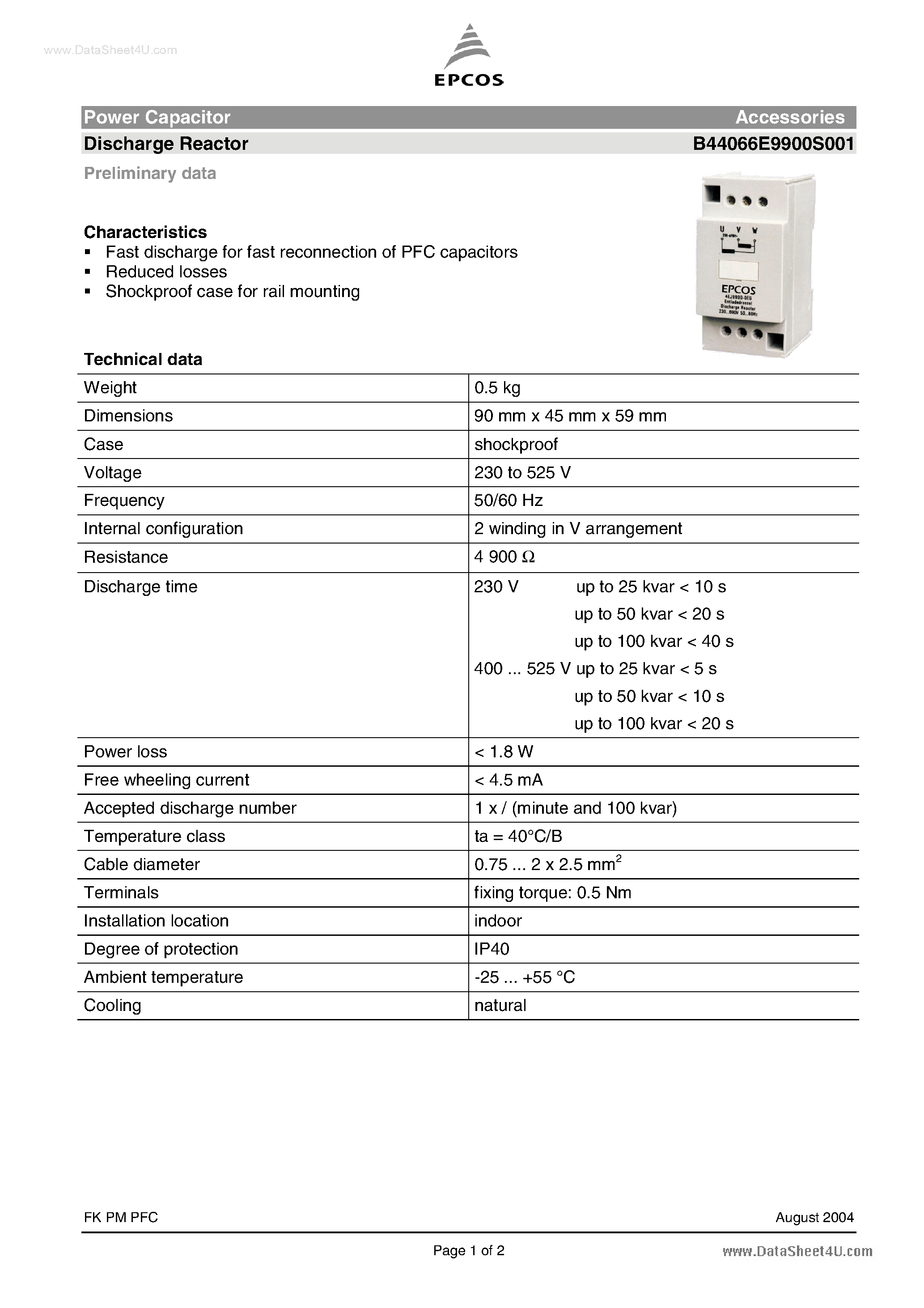 Datasheet B44066E9900S001 - Power Capacitor Accessories Discharge Reactor page 1