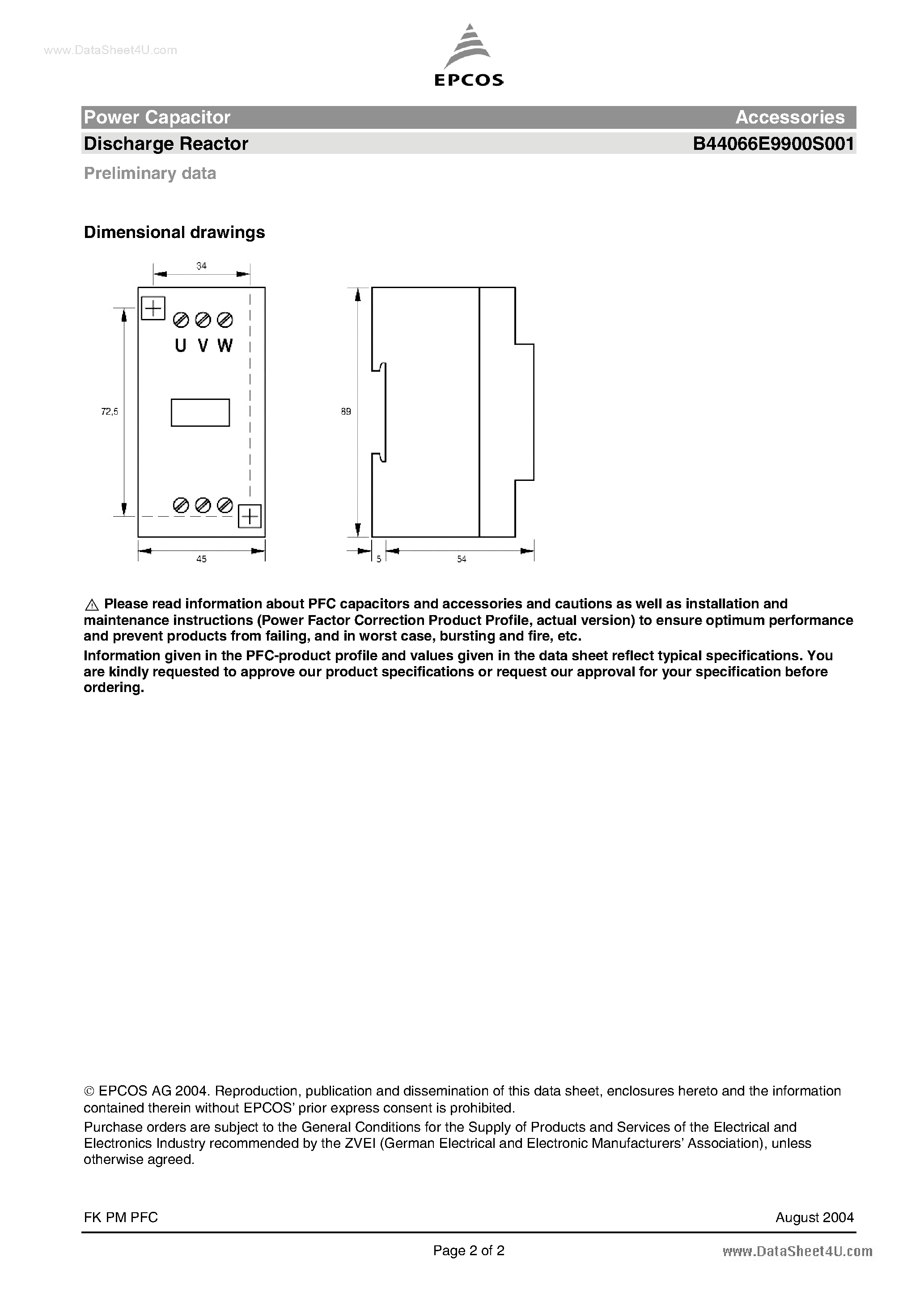 Datasheet B44066E9900S001 - Power Capacitor Accessories Discharge Reactor page 2