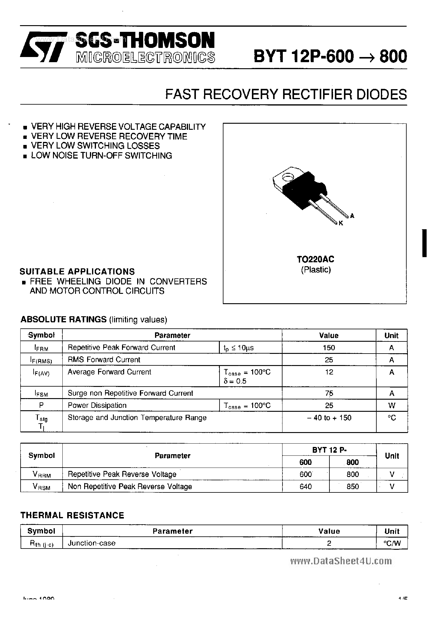 Datasheet BYT12P/600A page 1 Datasheet BYT12P/600A - Ultra Fast Recovery Silicon Power Rectifier page 1