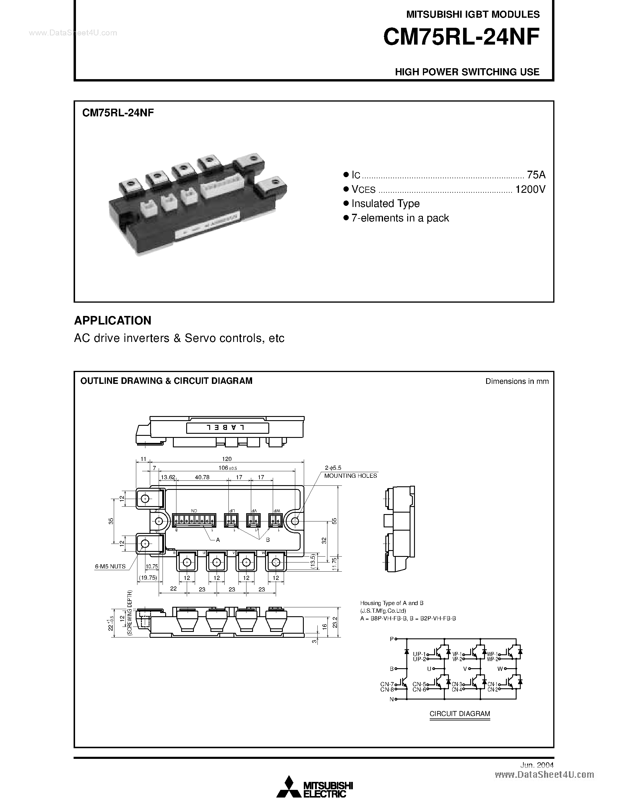 Даташит на микросхему CM75RL-24NF страница 1 Даташит CM75RL-24NF - HIGH POWER SWITCHING USE страница 1