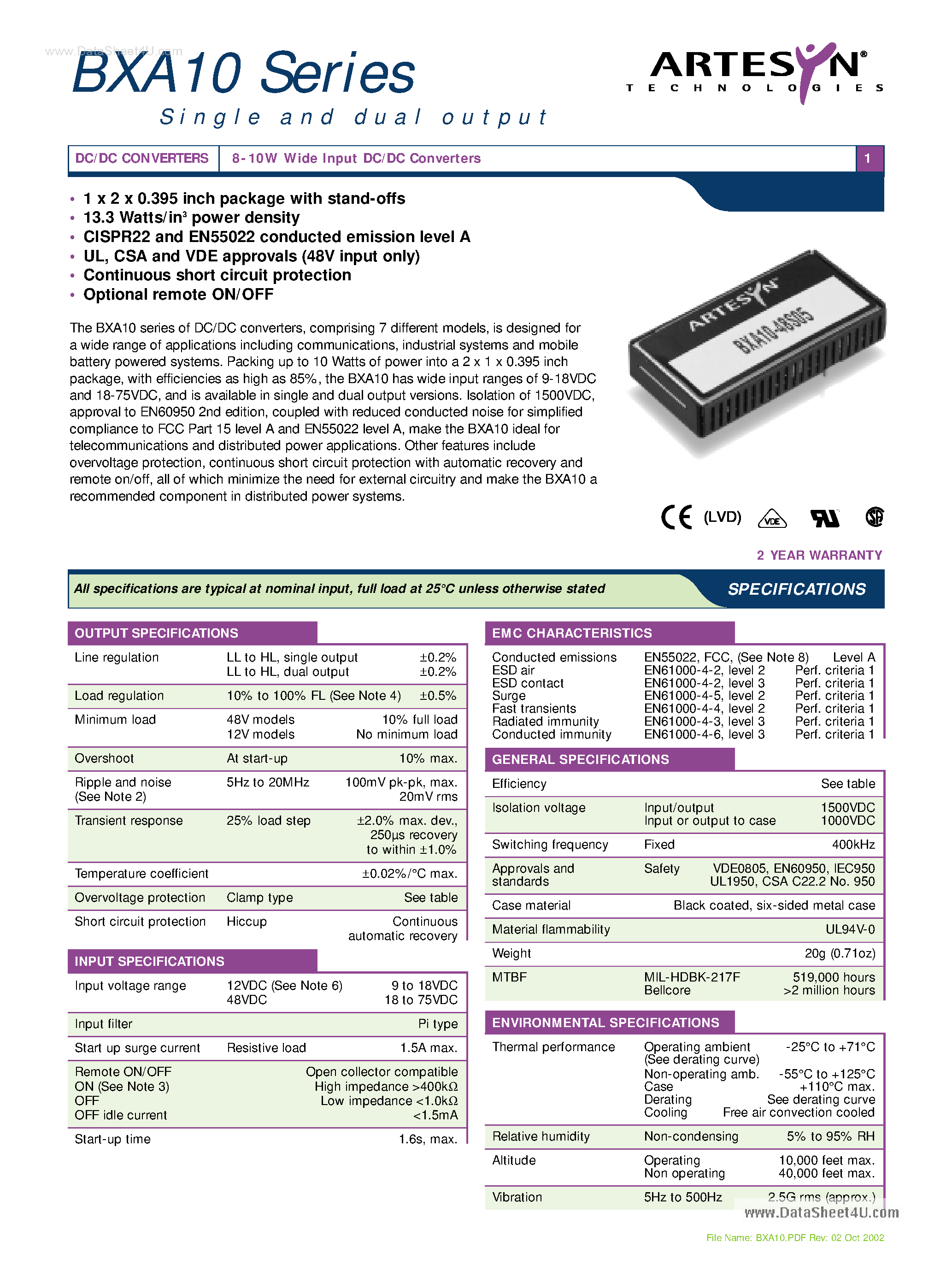 Даташит на микросхему BXA10 страница 1 Даташит BXA10 - 8-10W Wide Input DC/DC Converters страница 1