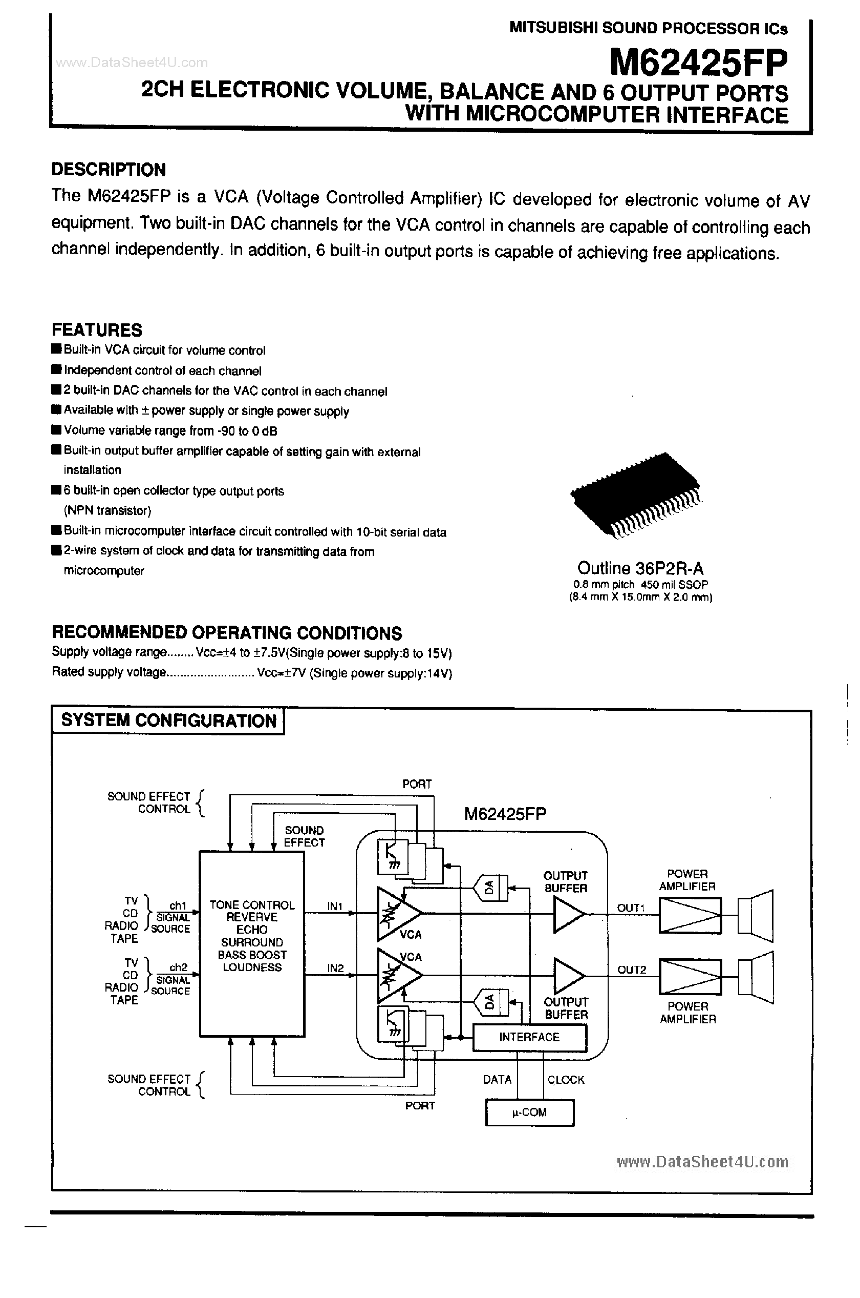 Datasheet M62425FP - 2-Channel Electronic Volume / Balance and 6-Output Ports page 1