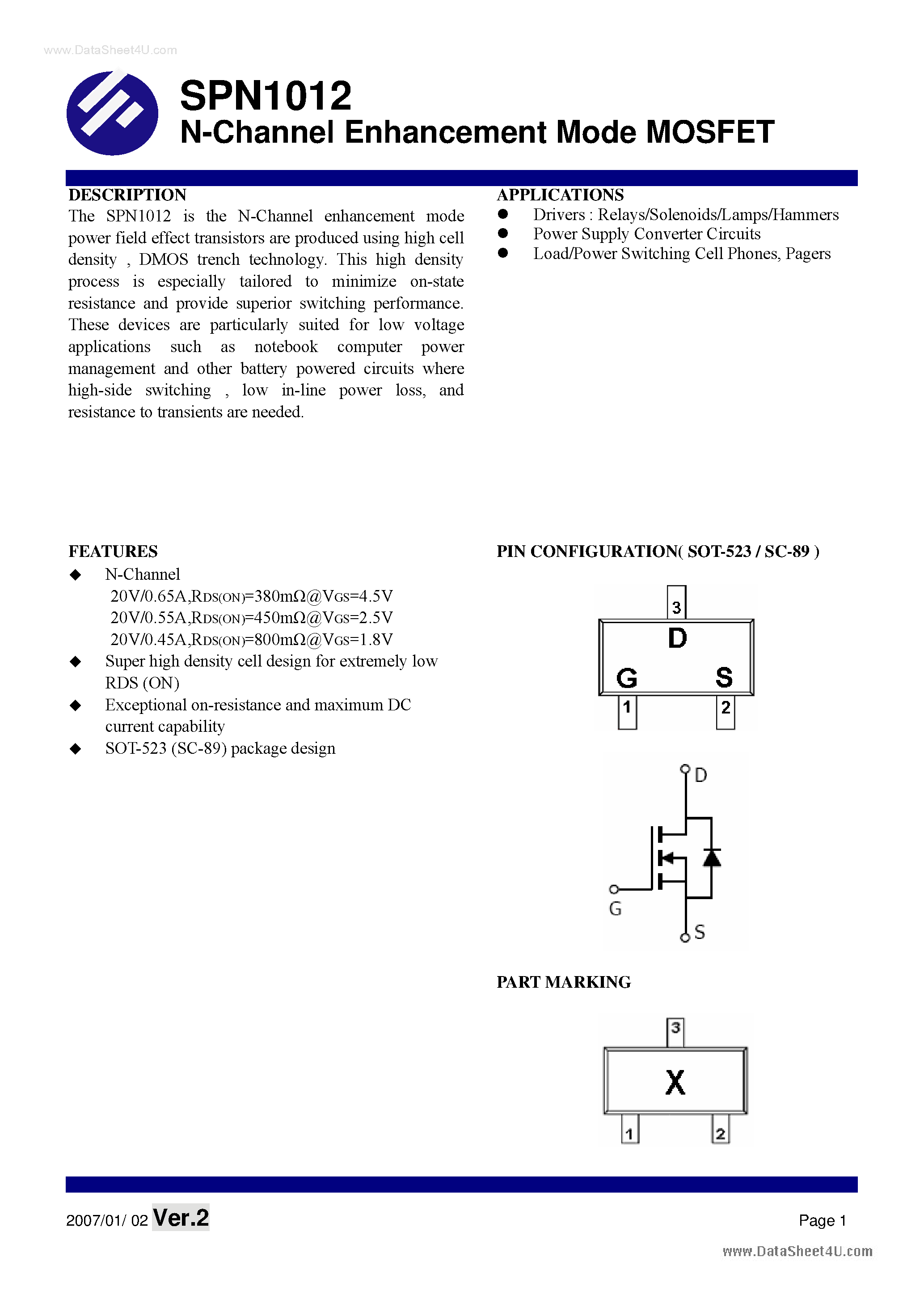 Datasheet SPN1012 - N-Channel Enhancement Mode MOSFET page 1