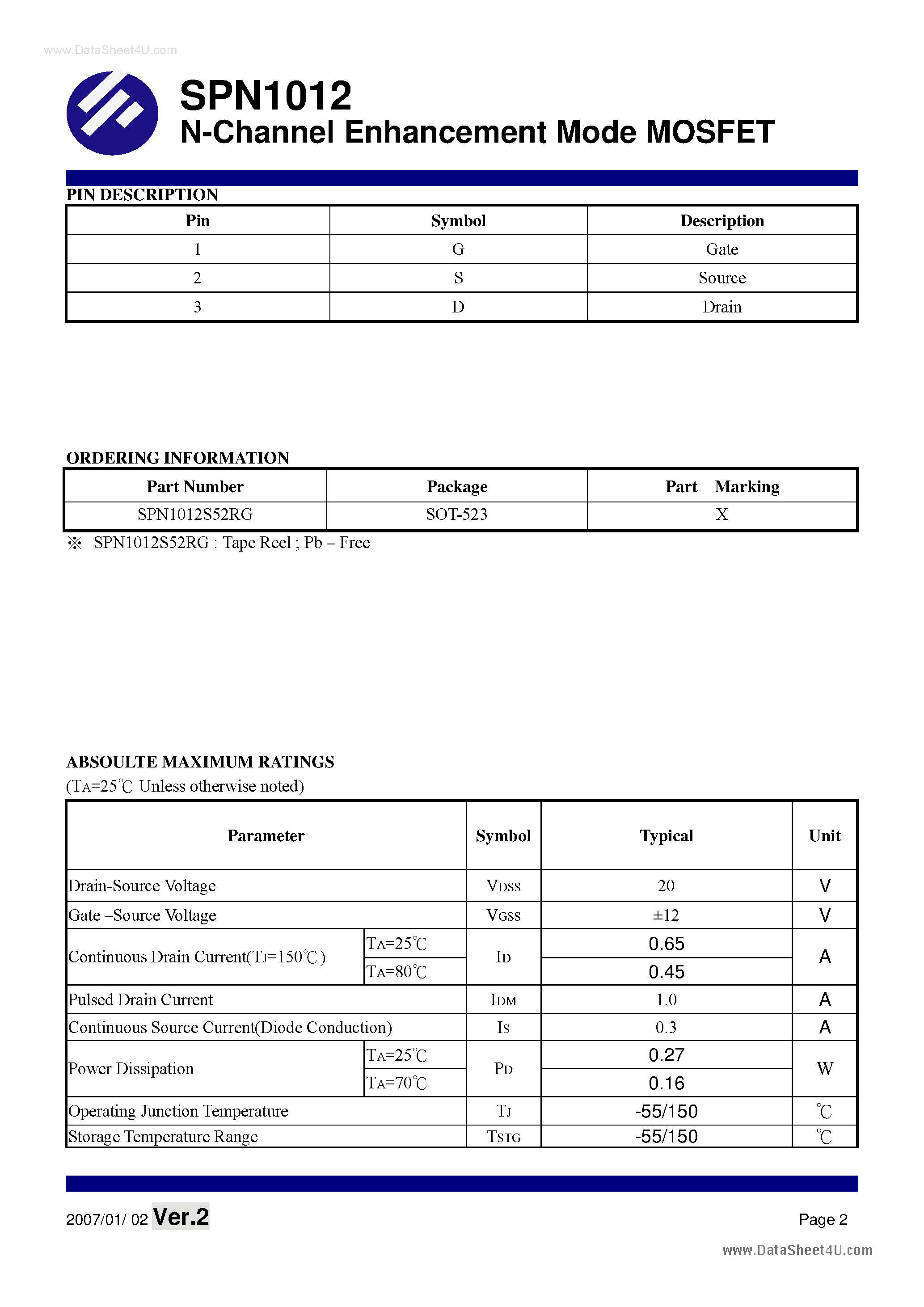 Datasheet SPN1012 - N-Channel Enhancement Mode MOSFET page 2