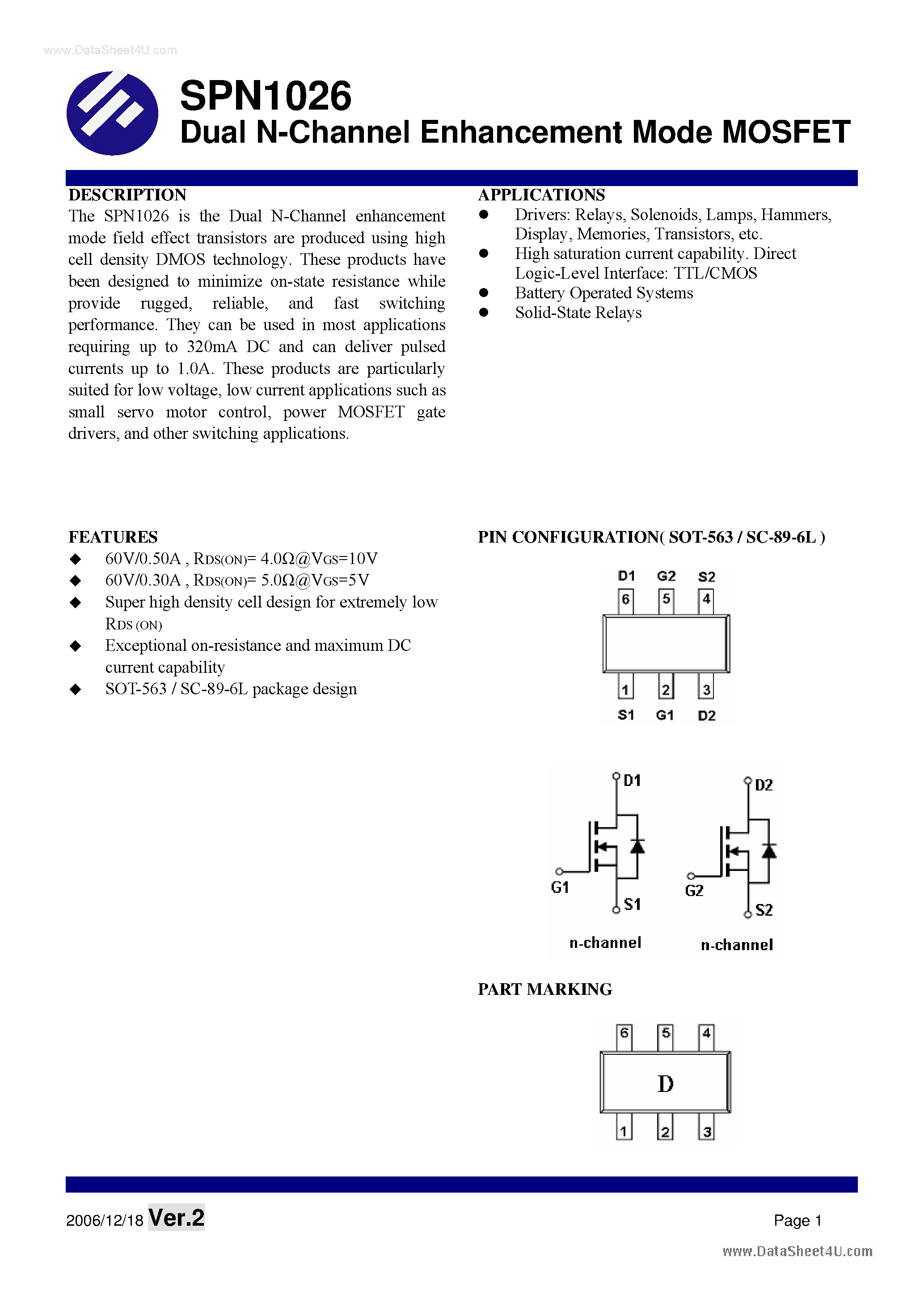 Datasheet SPN1026 - Dual N-Channel Enhancement Mode MOSFET page 1