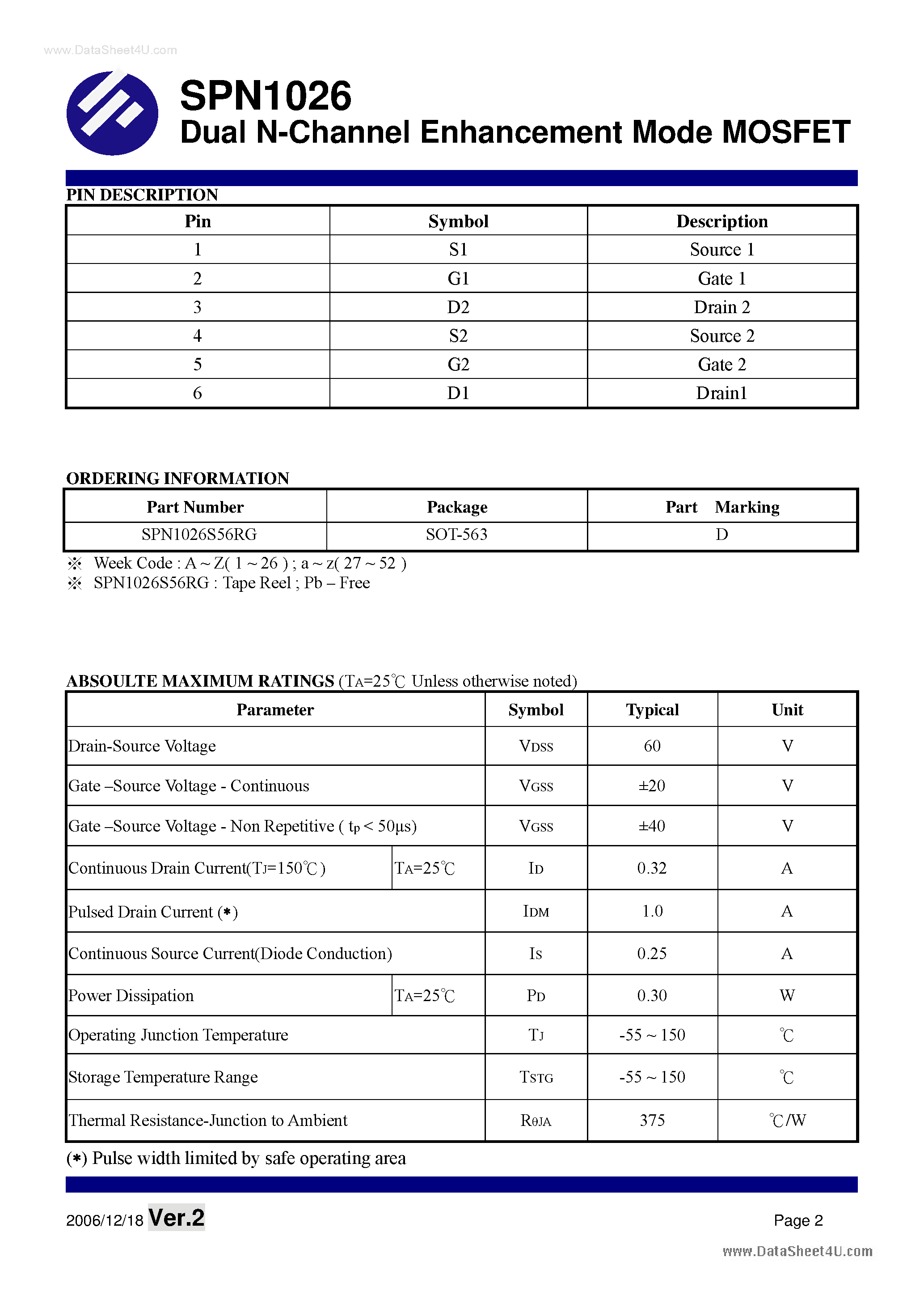 Datasheet SPN1026 - Dual N-Channel Enhancement Mode MOSFET page 2
