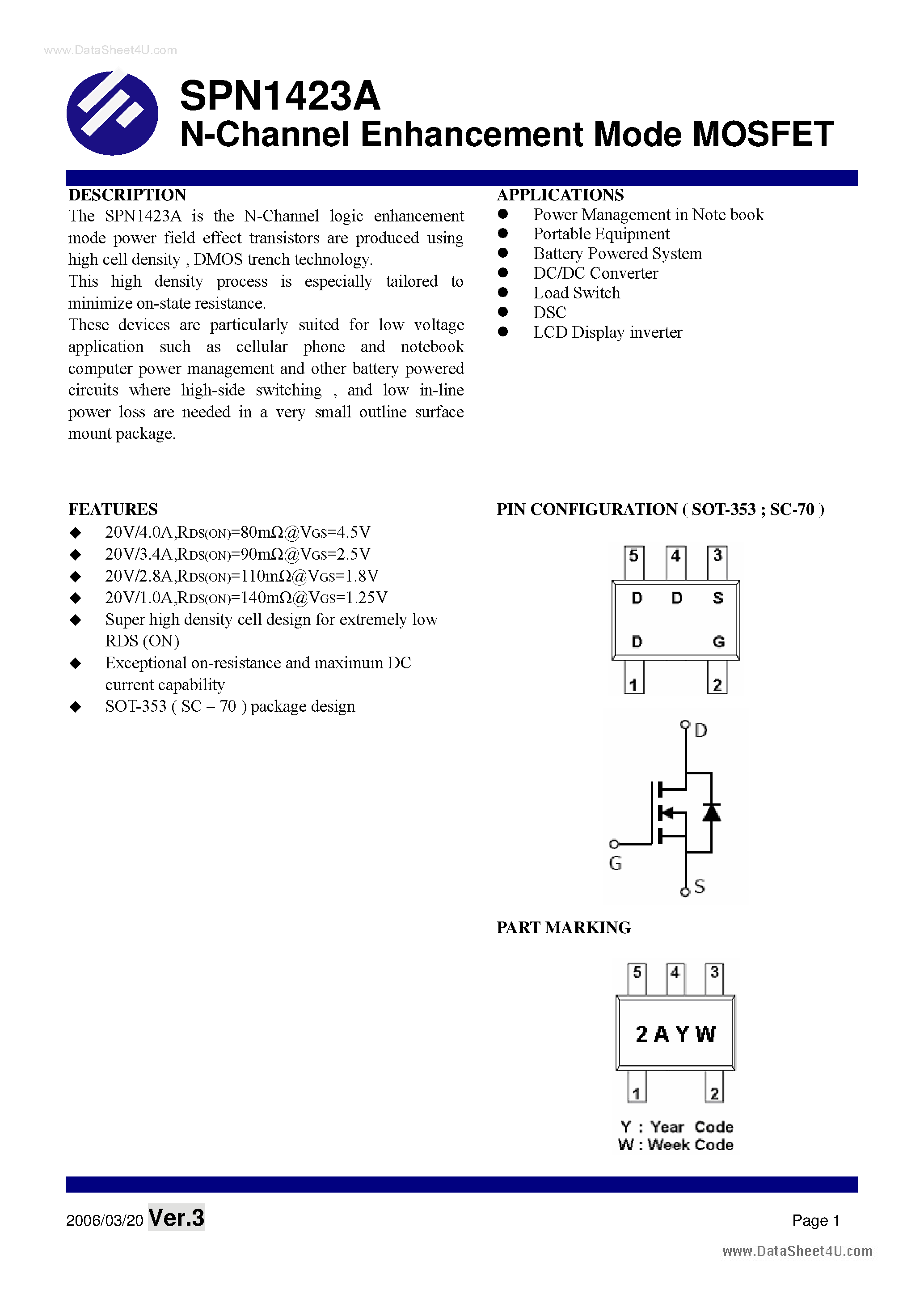 Datasheet SPN1423A - N-Channel Enhancement Mode MOSFET page 1
