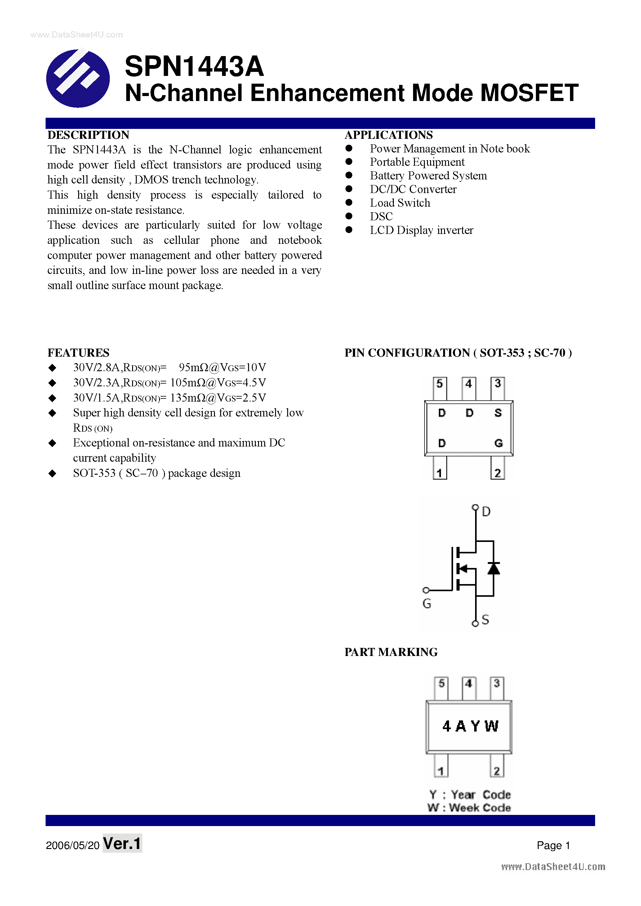Datasheet SPN1443A - N-Channel Enhancement Mode MOSFET page 1