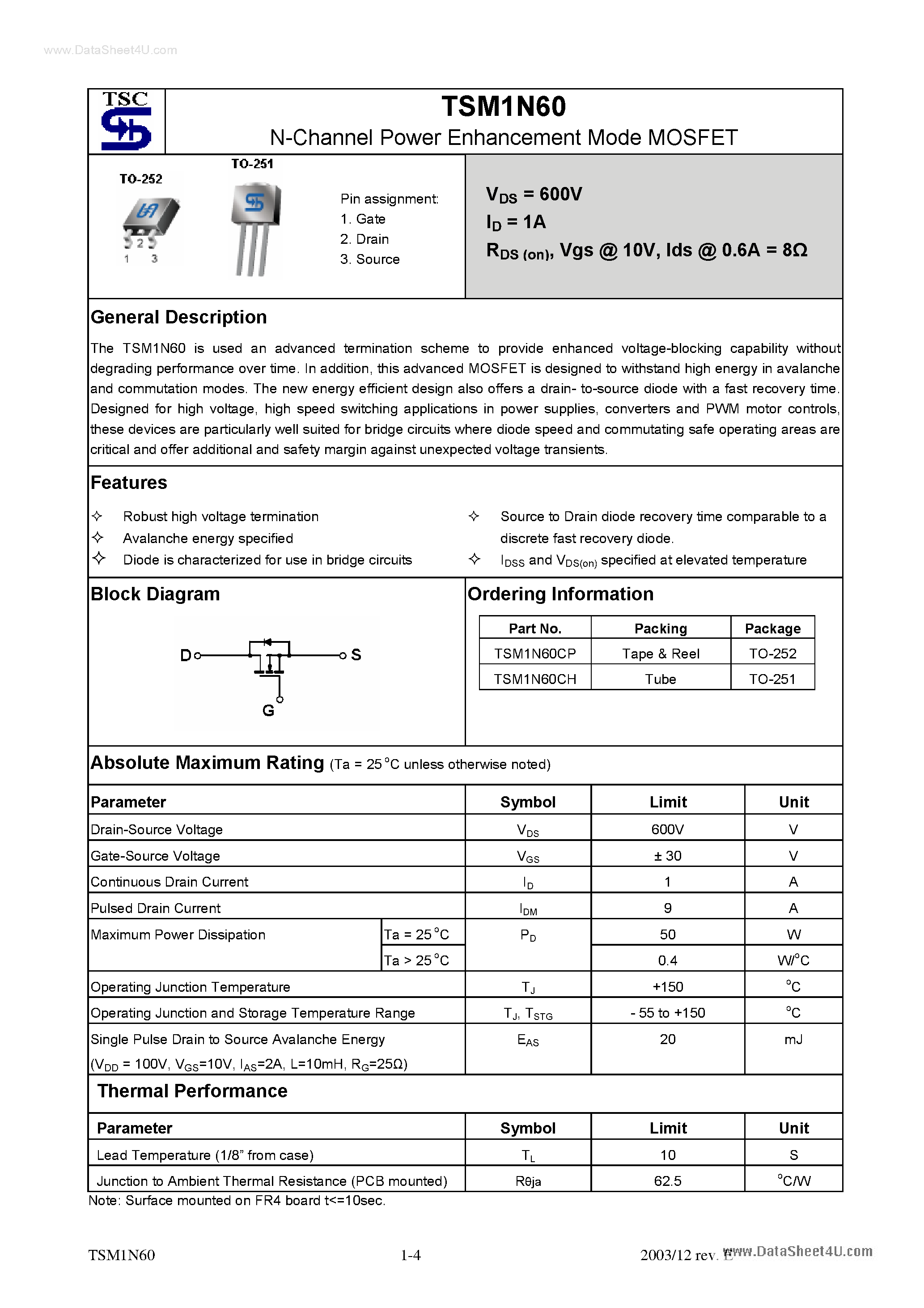 Datasheet TSM1N60 - N-Channel Power Enhancement Mode MOSFET page 1