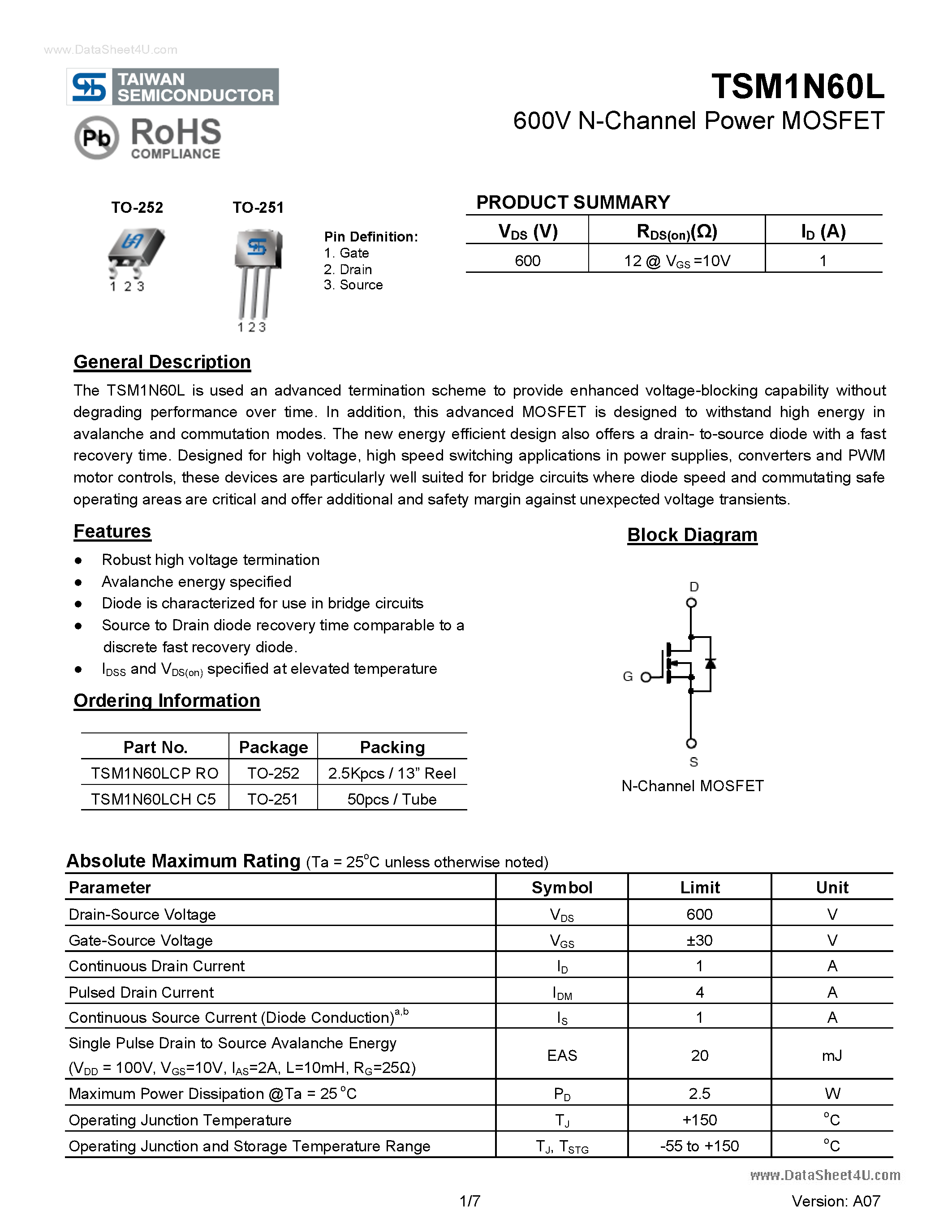 Datasheet TSM1N60L - N-Channel Power Enhancement Mode MOSFET page 1