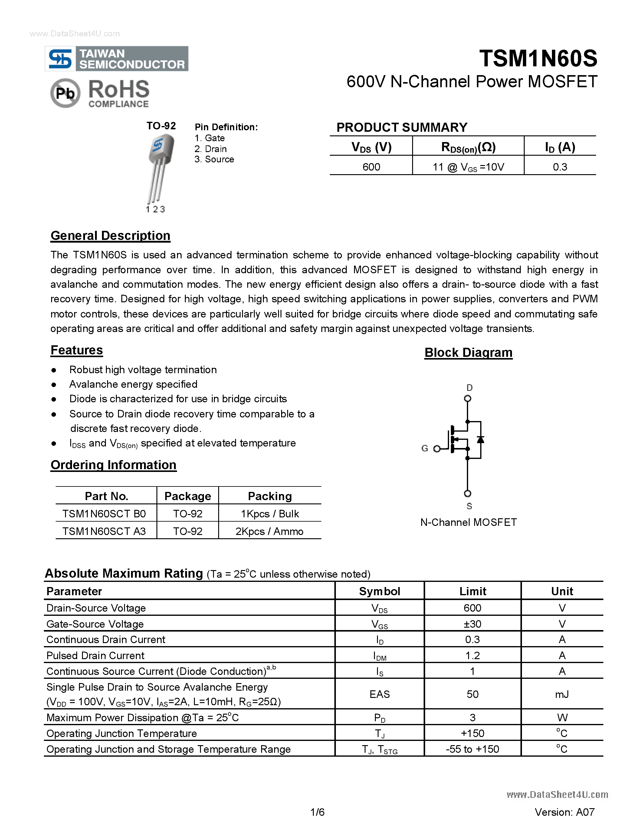 Datasheet TSM1N60S page 1 Datasheet TSM1N60S - N-Channel Power Enhancement Mode MOSFET page 1