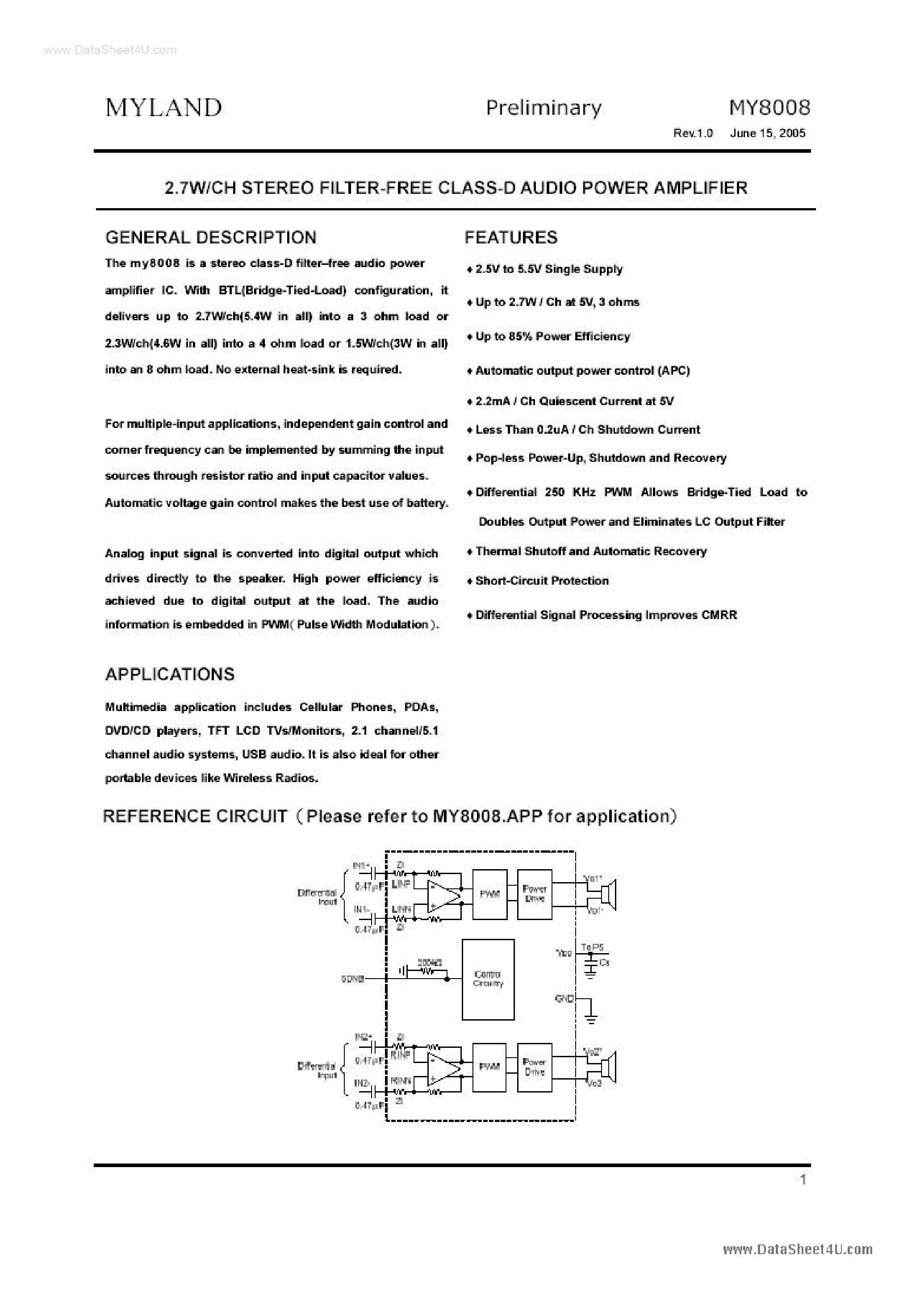 Даташит MY8008 - Stereo Filter Free Class D Audio Power Amplifier страница 1