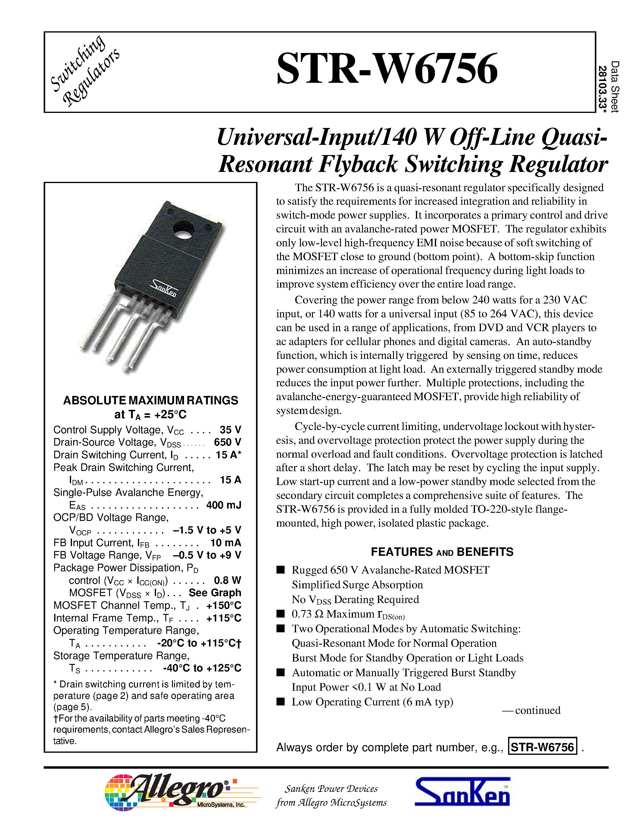 Даташит на микросхему STR-W6756 страница 1 Даташит STR-W6756 - Universal-Input/140 W Off-Line Quasi-Resonant Flyback Switching Regulator страница 1