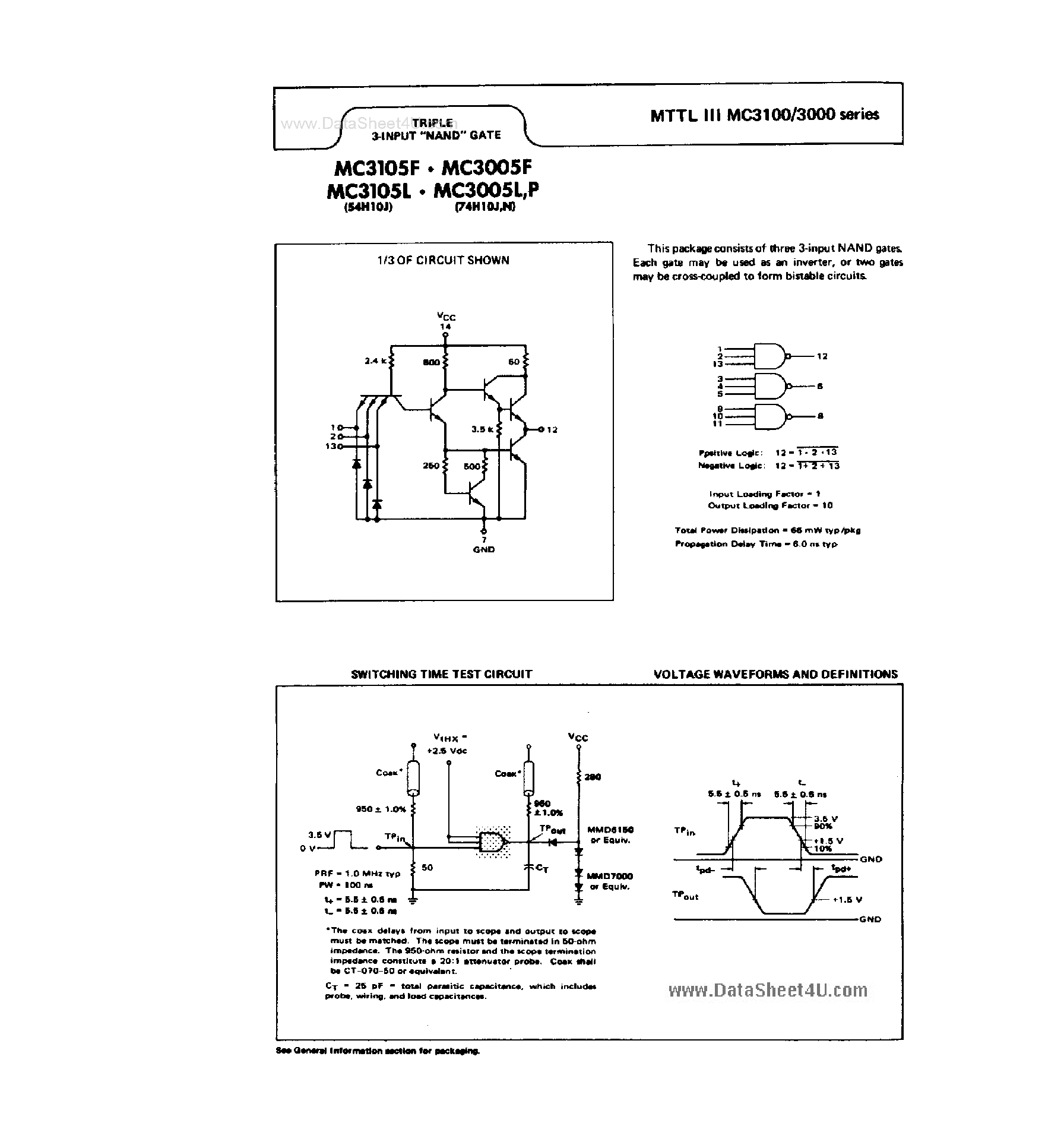 Даташит на микросхему MC3005F страница 1 Даташит MC3005F - (MC3105 / MC3005) Triple 3-Input NAND Gate страница 1