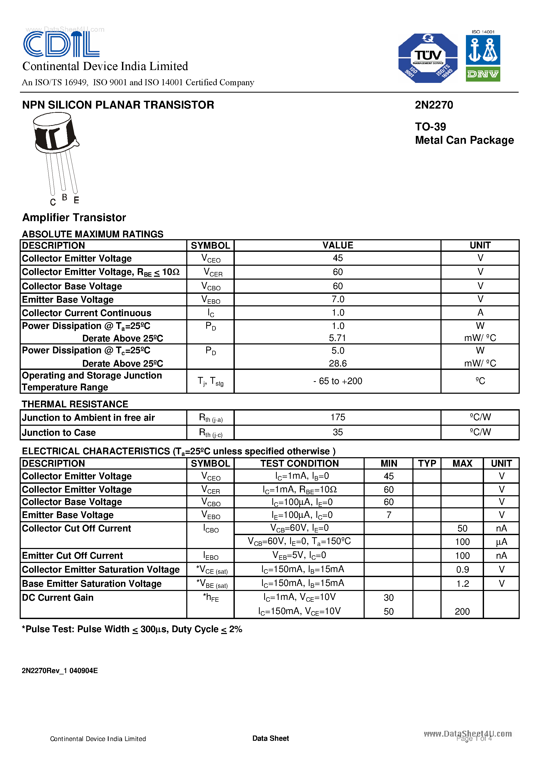 Даташит 2N2270 - NPN Silicon Planar Transistor страница 1