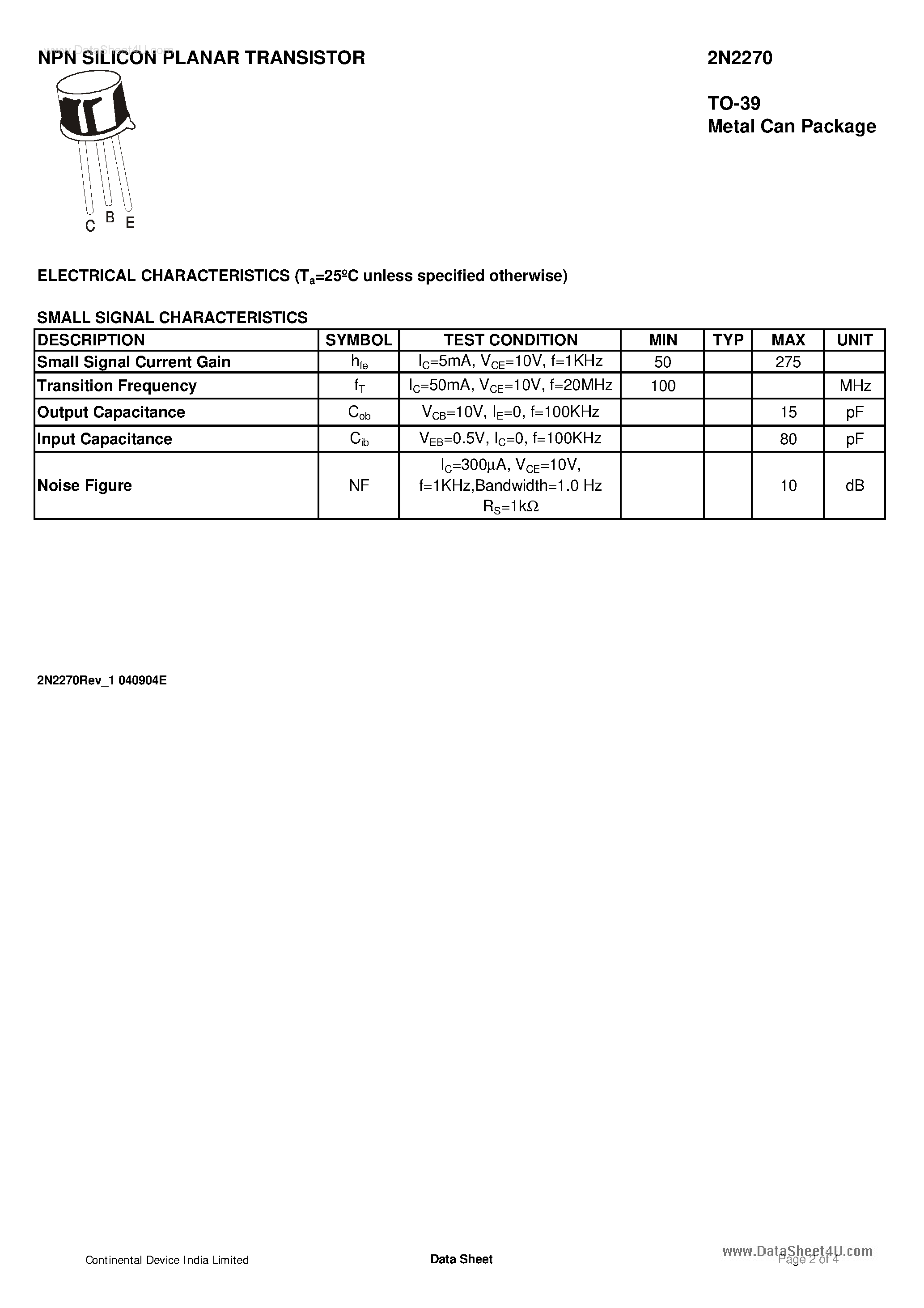Даташит 2N2270 - NPN Silicon Planar Transistor страница 2