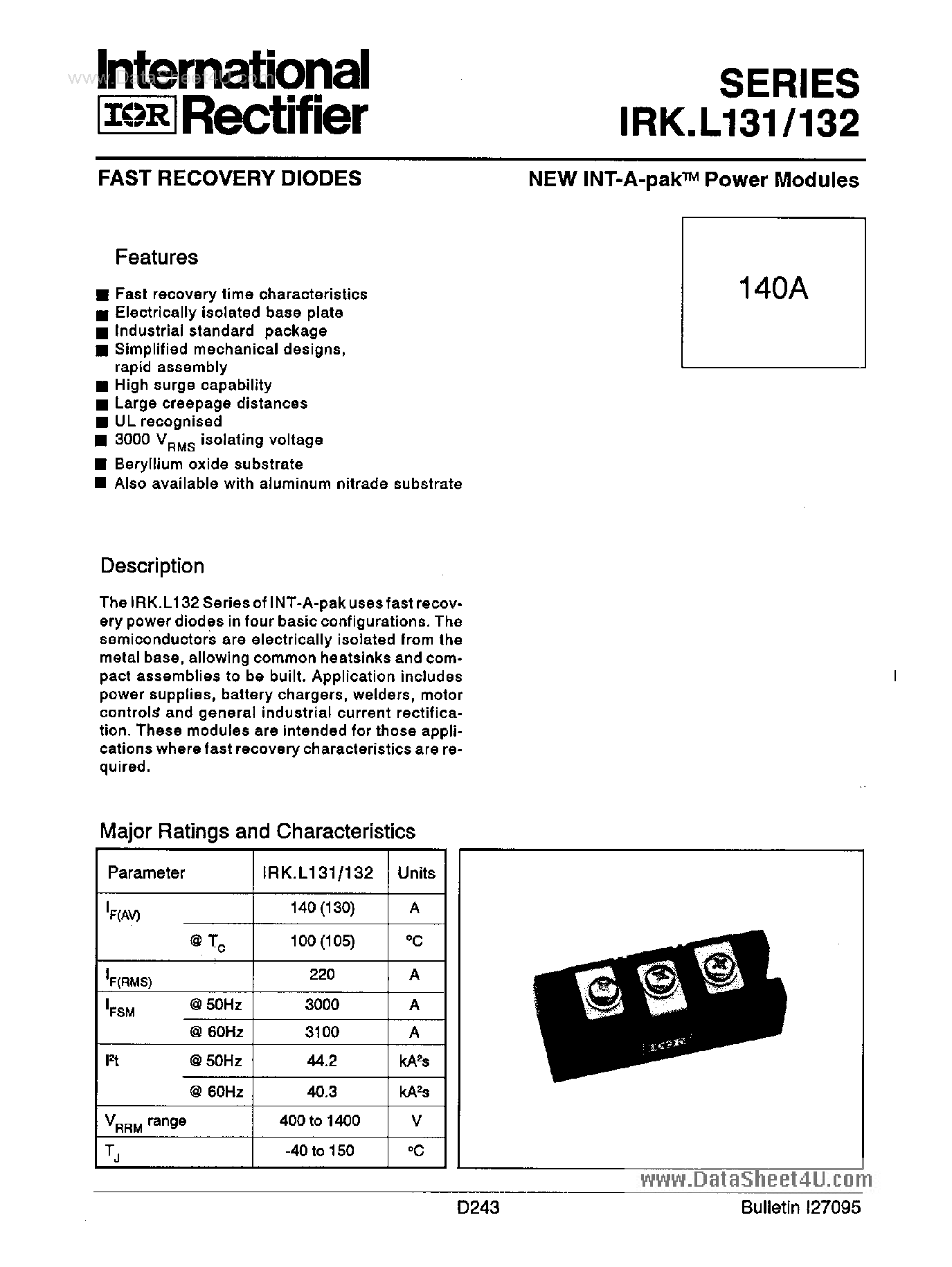 Даташит на микросхему IRKCL131 страница 1 Даташит IRKCL131 - (IRKxL13x) FAST RECOVERY DIODES страница 1