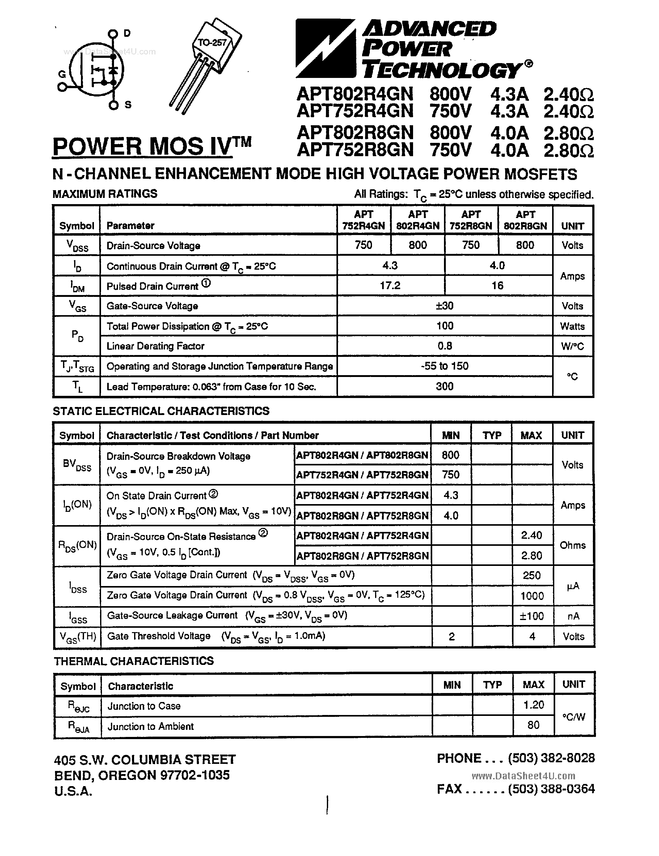 Datasheet APT752R4GN - (APT752RxGN / APT802RxGN) N-Channel Enhancement Mode High Voltage Power MOSFETs page 1