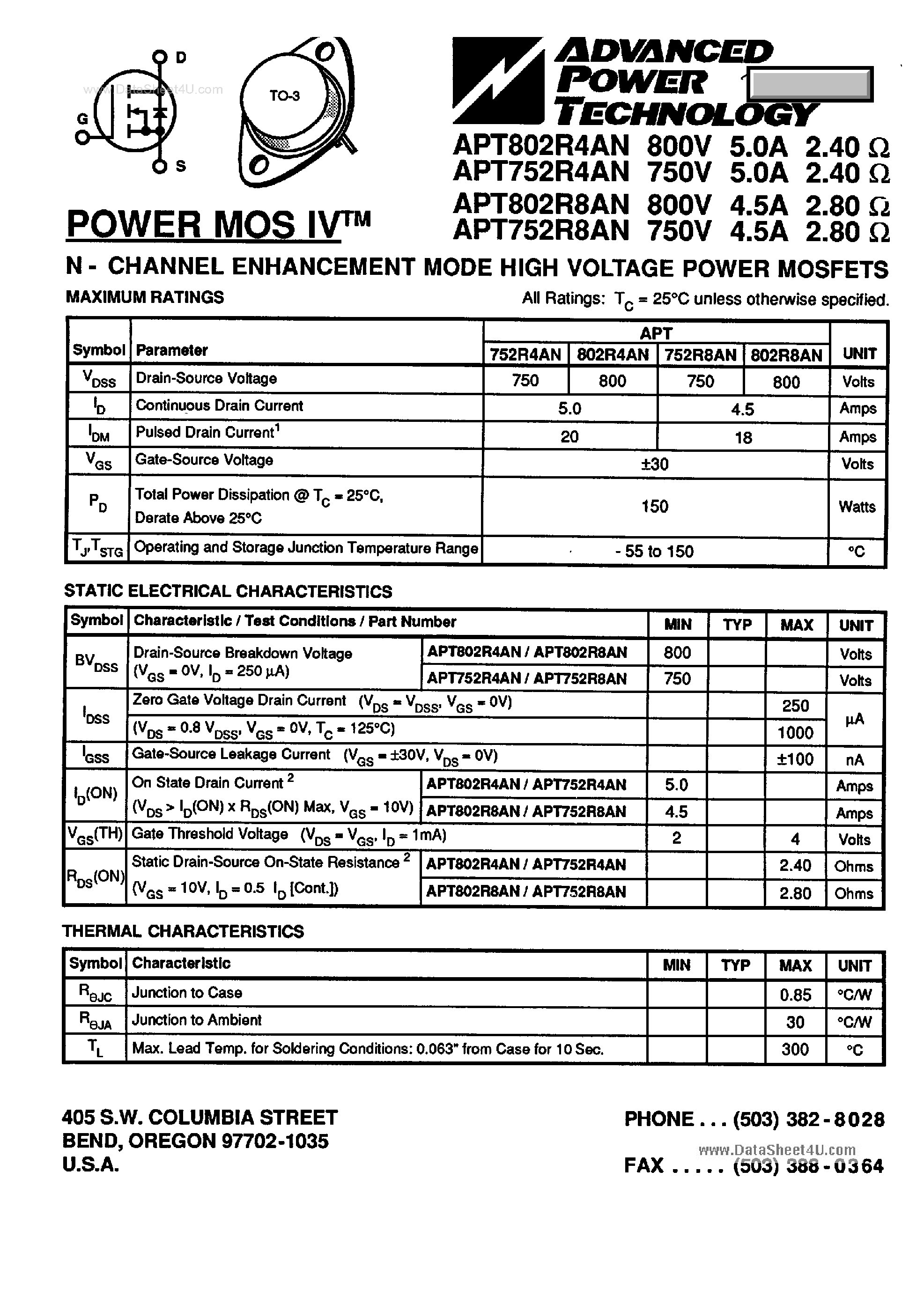 Datasheet APT752R8AN - (APTxx2RxAN) N-Channel Enhancement Mode High Voltage Power MOSFETs page 1
