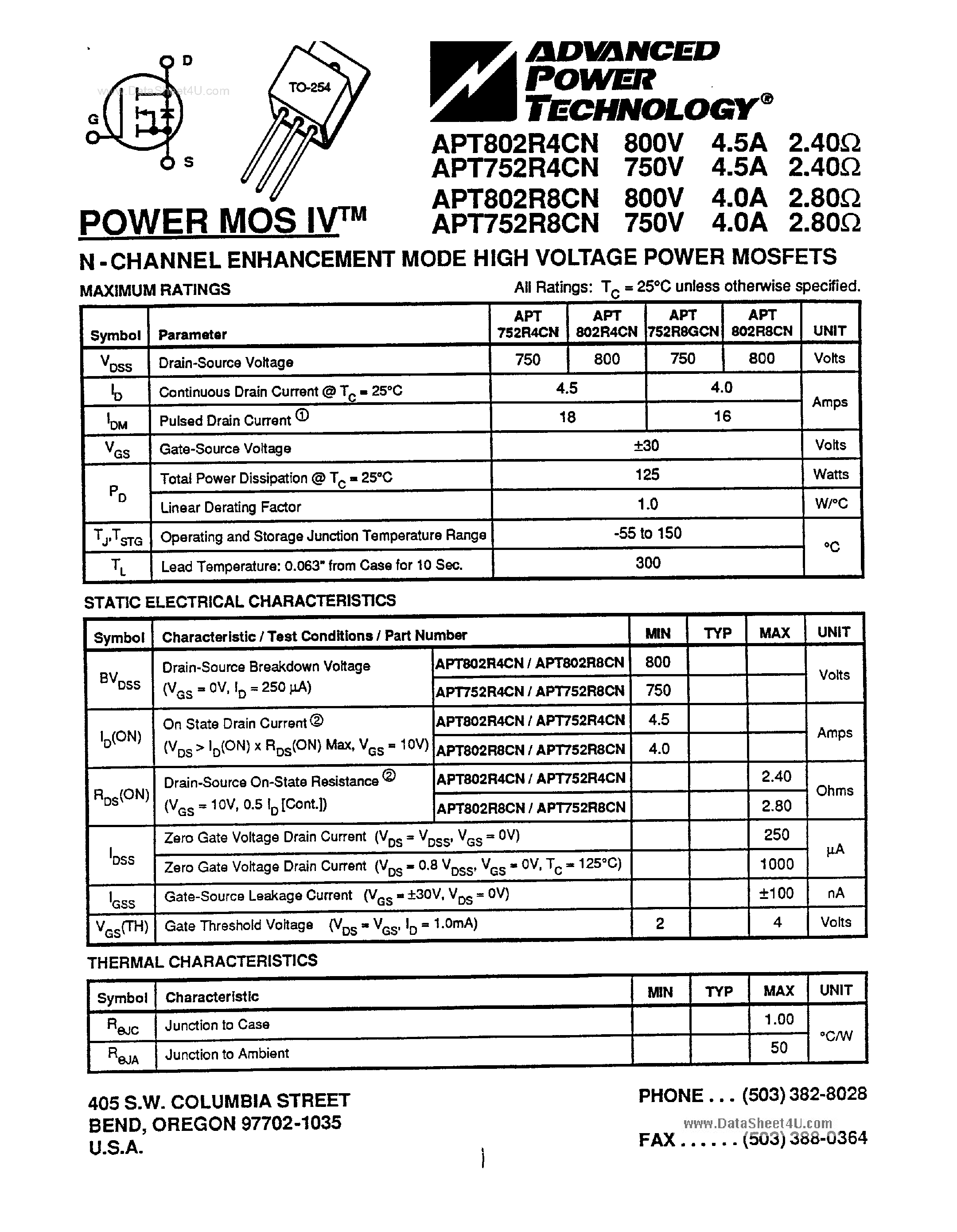 Datasheet APT752R8CN - (APTzz2RzCN) N-Channel Enhancement Mode High Voltage Power MOSFETs page 1