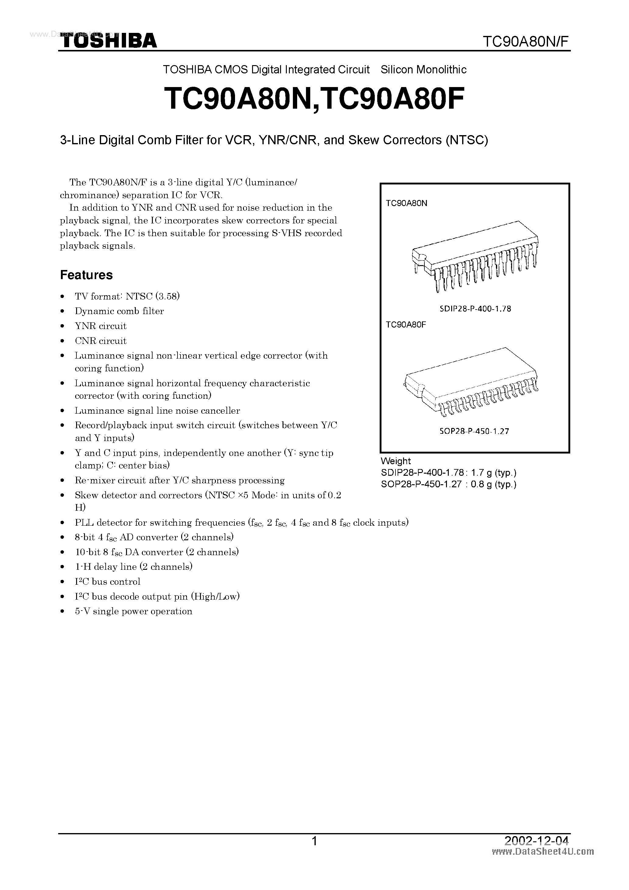 Datasheet TC90A80F - 3-Line Digital Comb Filter page 1