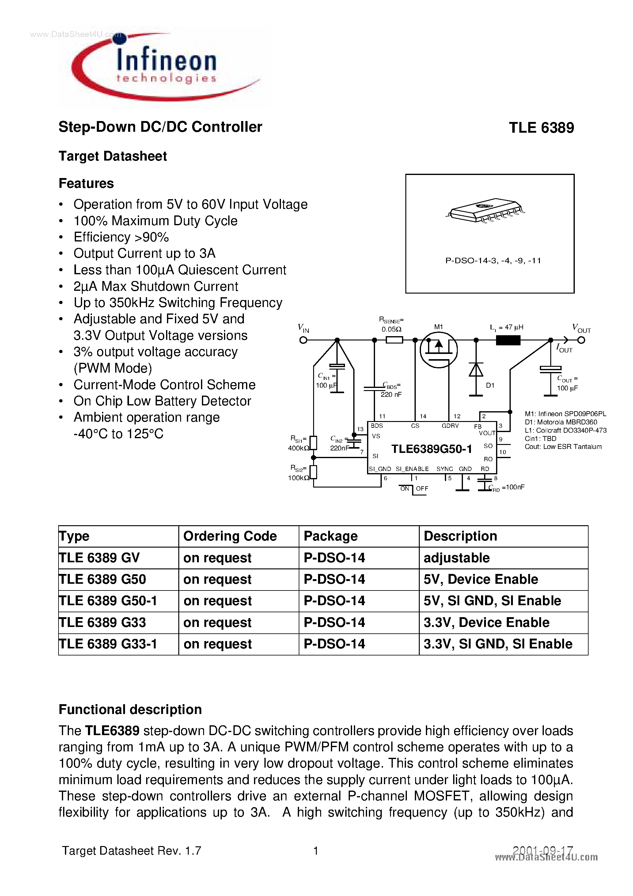 Datasheet TLE6389 page 1 Datasheet TLE6389 - Step - Down DC/DC Controller page 1