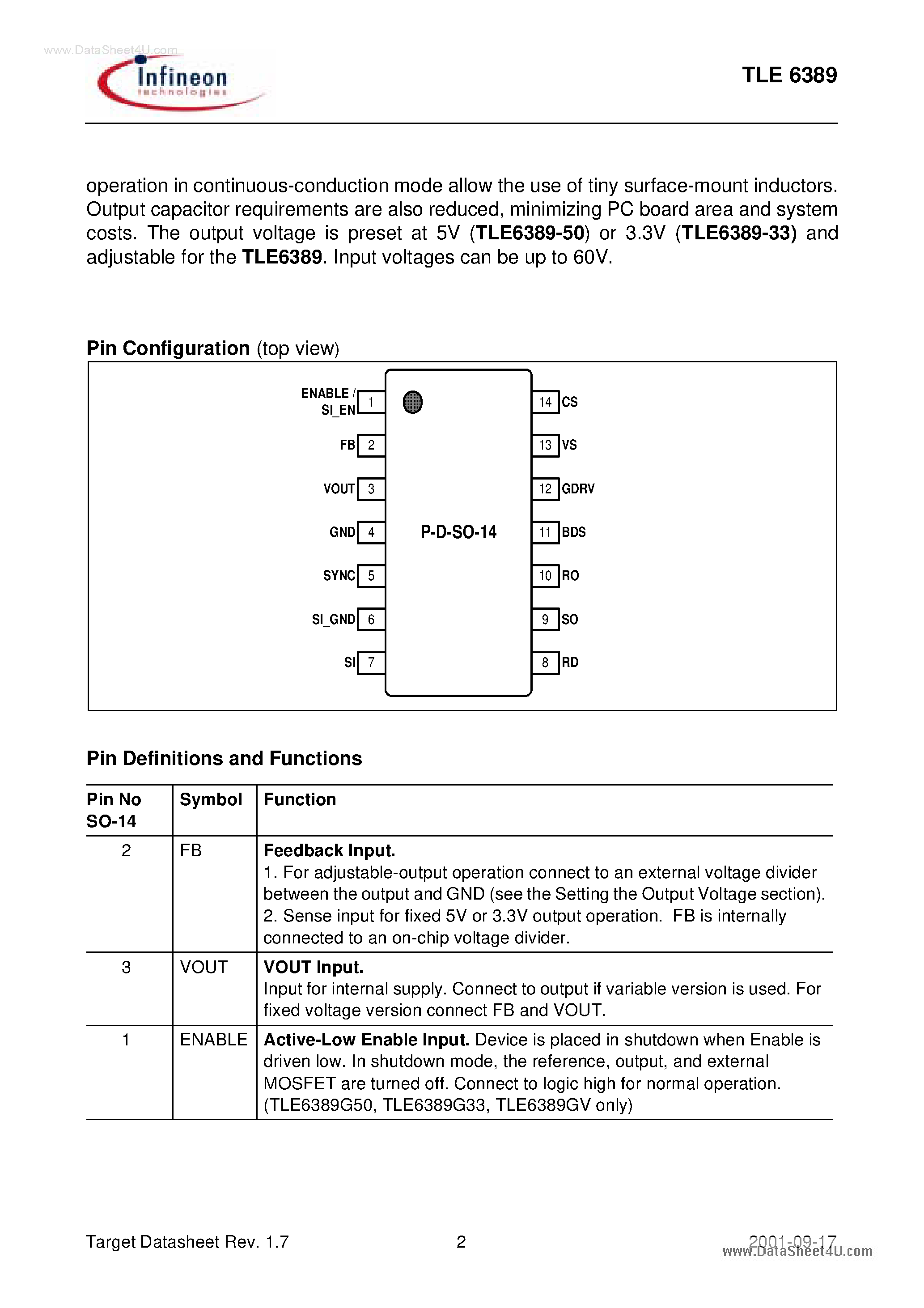 Datasheet TLE6389 page 2 Datasheet TLE6389 - Step - Down DC/DC Controller page 2