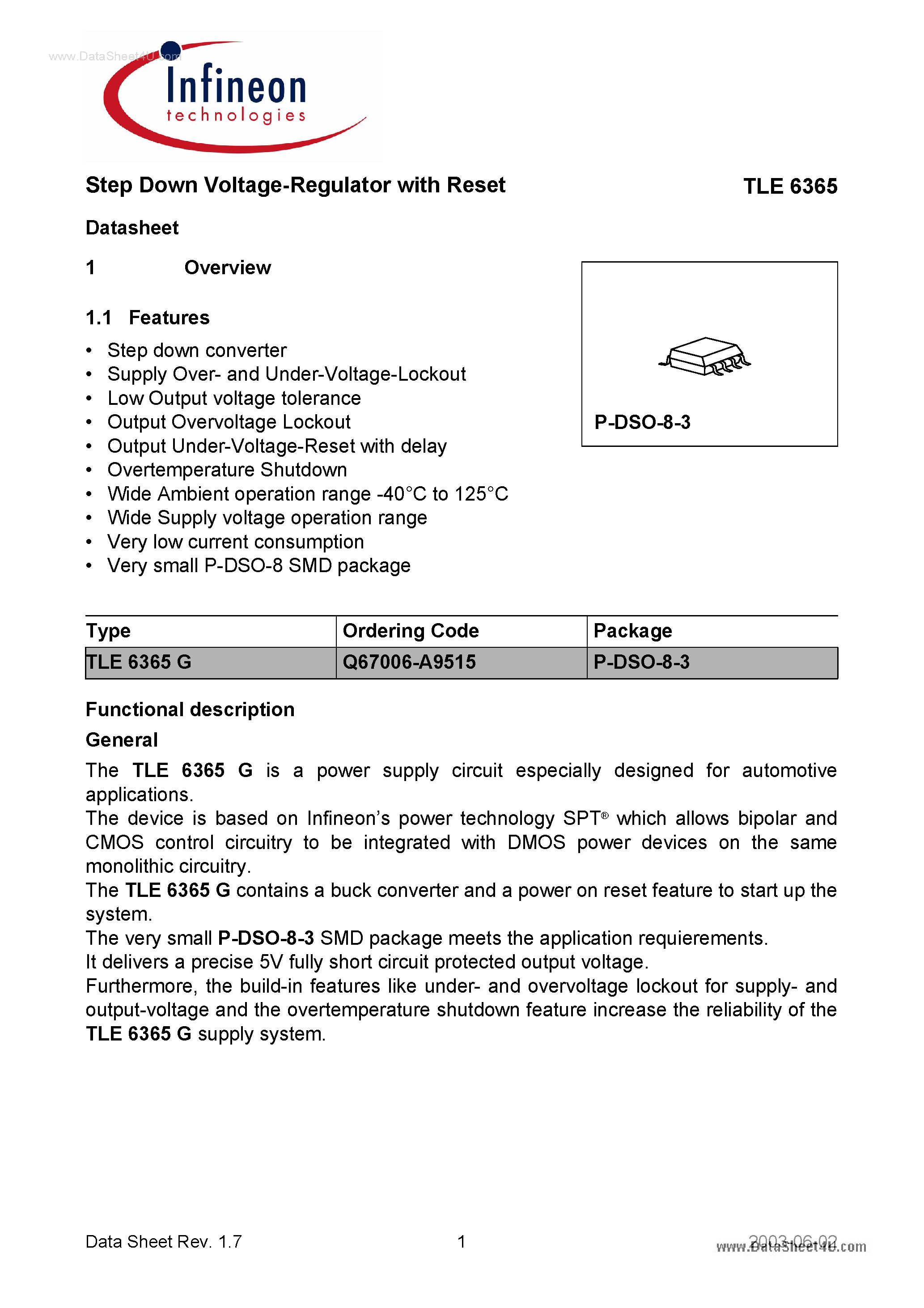 Datasheet TLE6365 page 1 Datasheet TLE6365 - Step Down Voltage-Regulator page 1