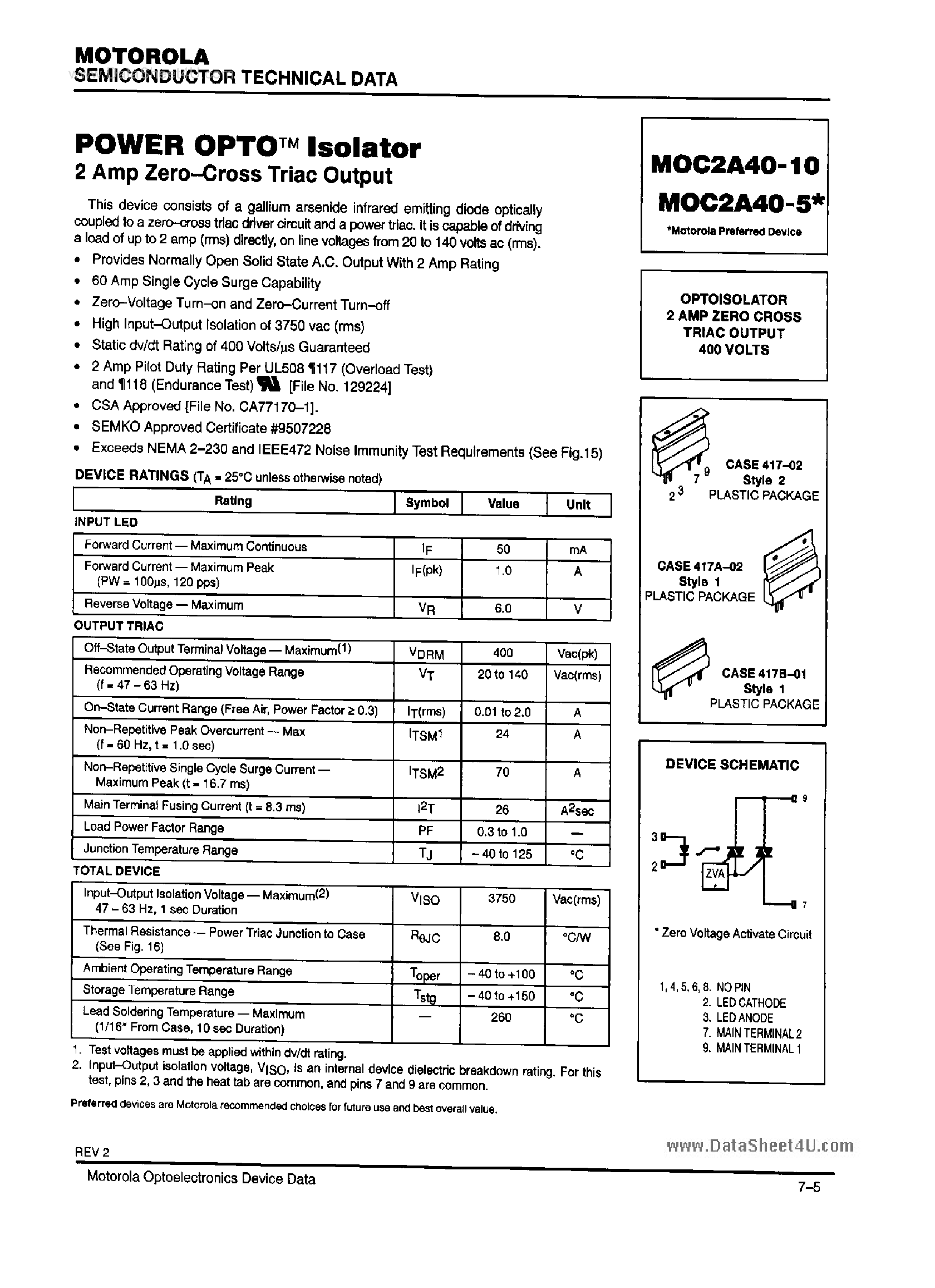 Datasheet MOC2A40-10 - Power OPTO Isolator 2A Zero Cross Triac Output page 1