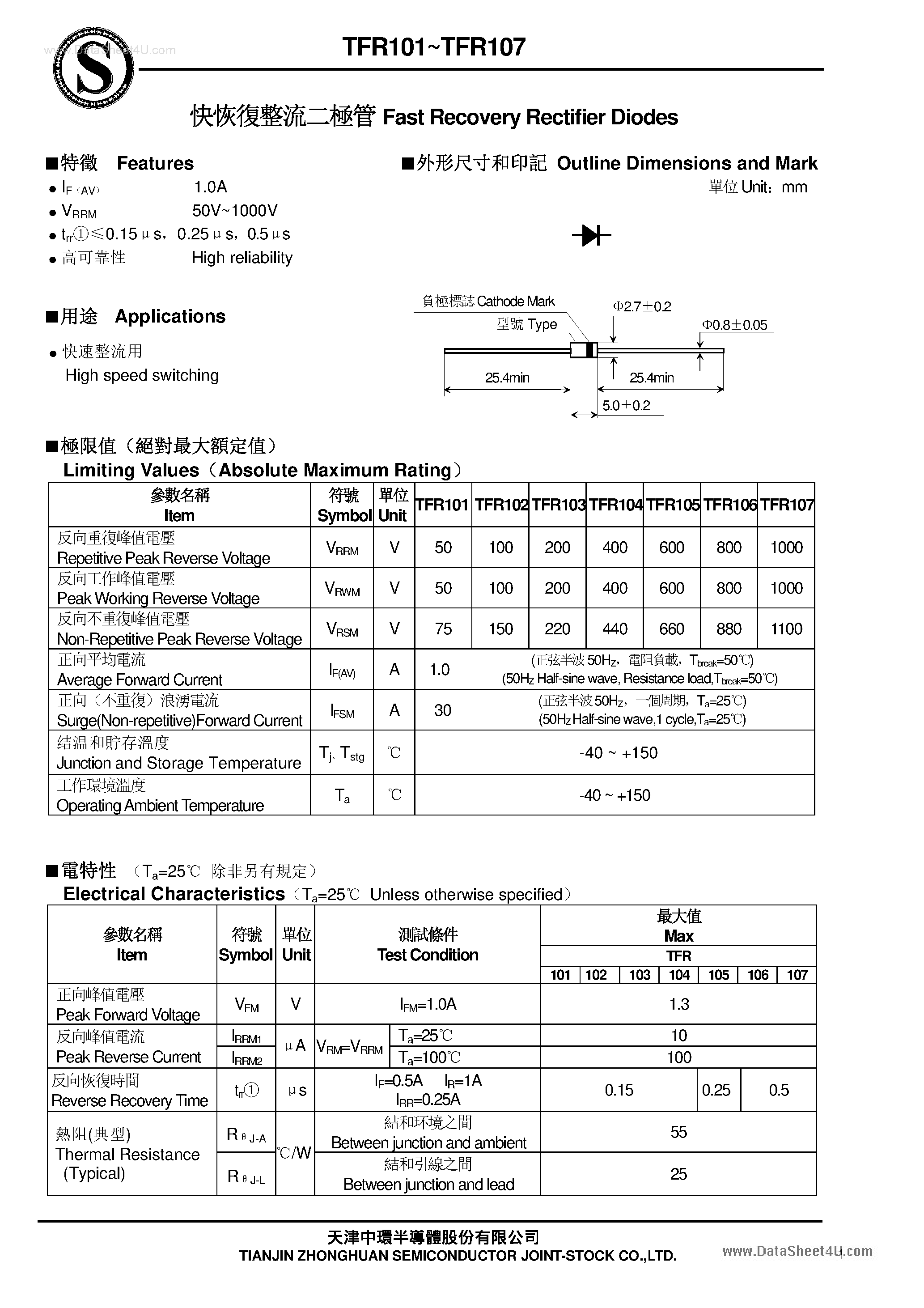 Даташит TFR101 - (TFR101 - TFR107) Fast Recovery Rectifier Diodes страница 1