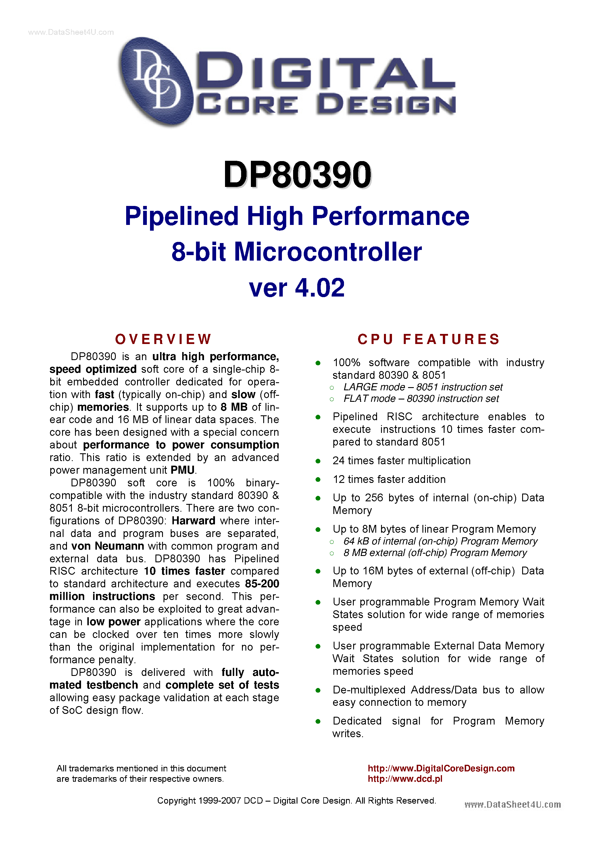 Datasheet DP80390 - Pipelined High Performance 8-bit Microcontroller page 1