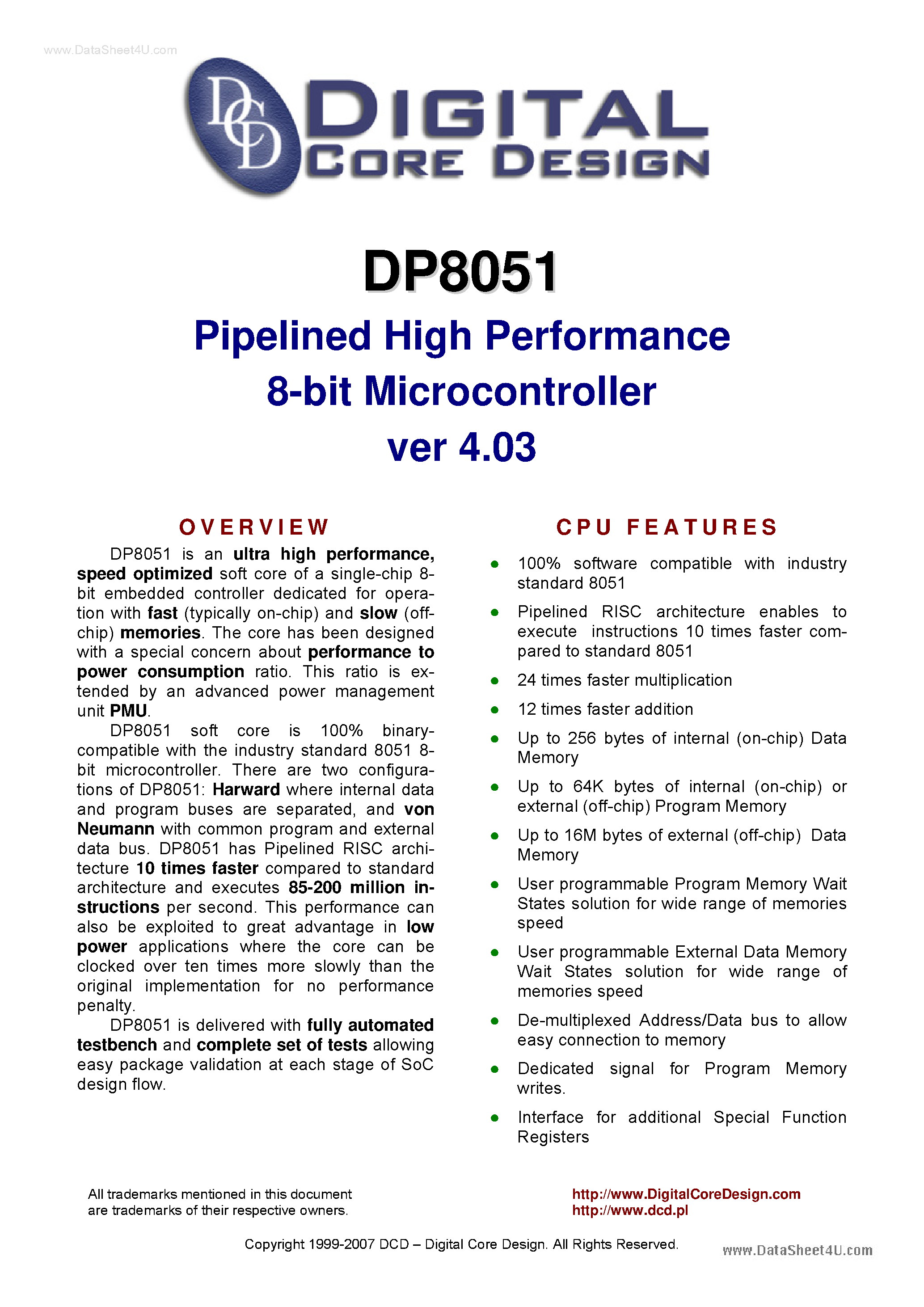 Datasheet DP8051 - Pipelined High Performance 8-bit Microcontroller page 1