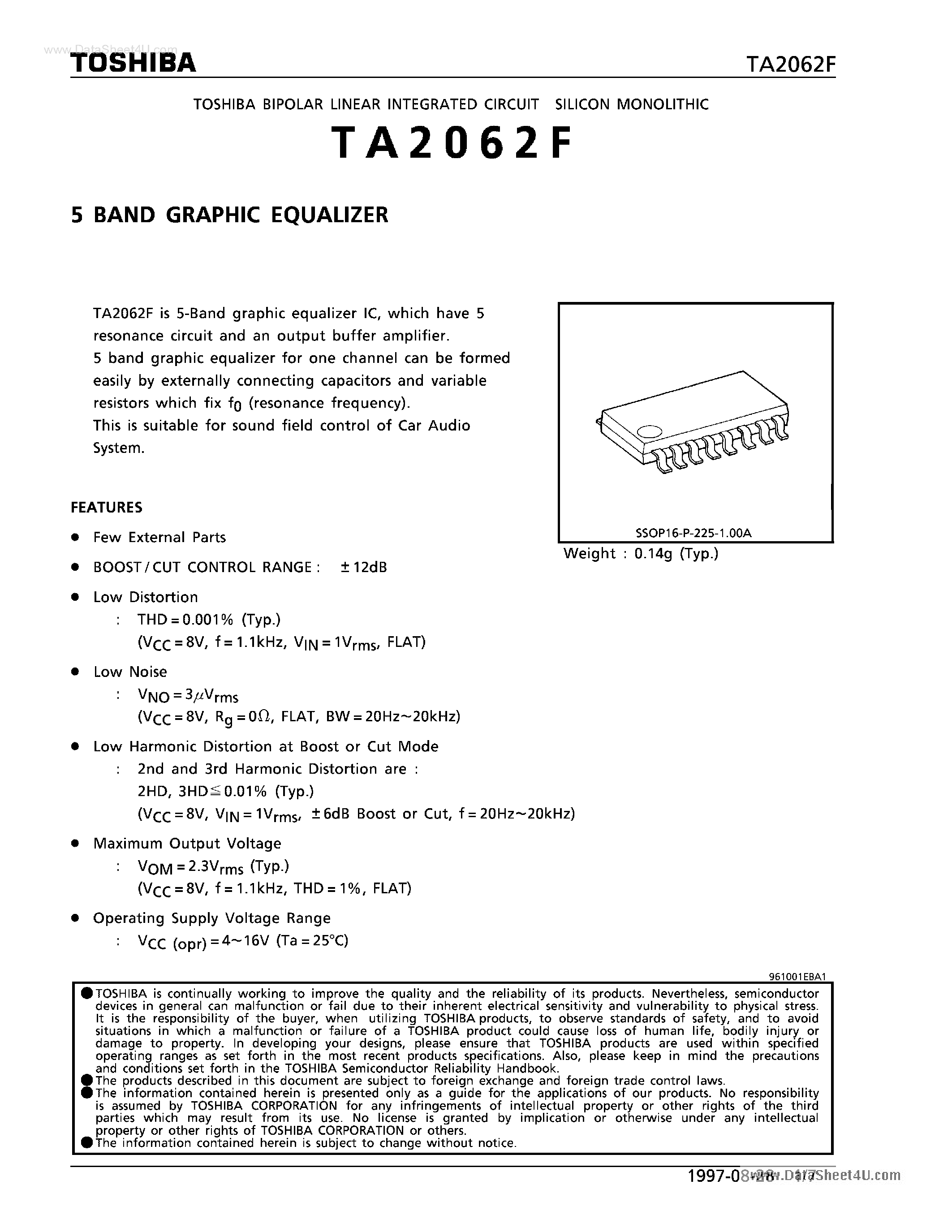 Datasheet TA2062F - 5 BAND GRAPHIC EQUALIZER page 1