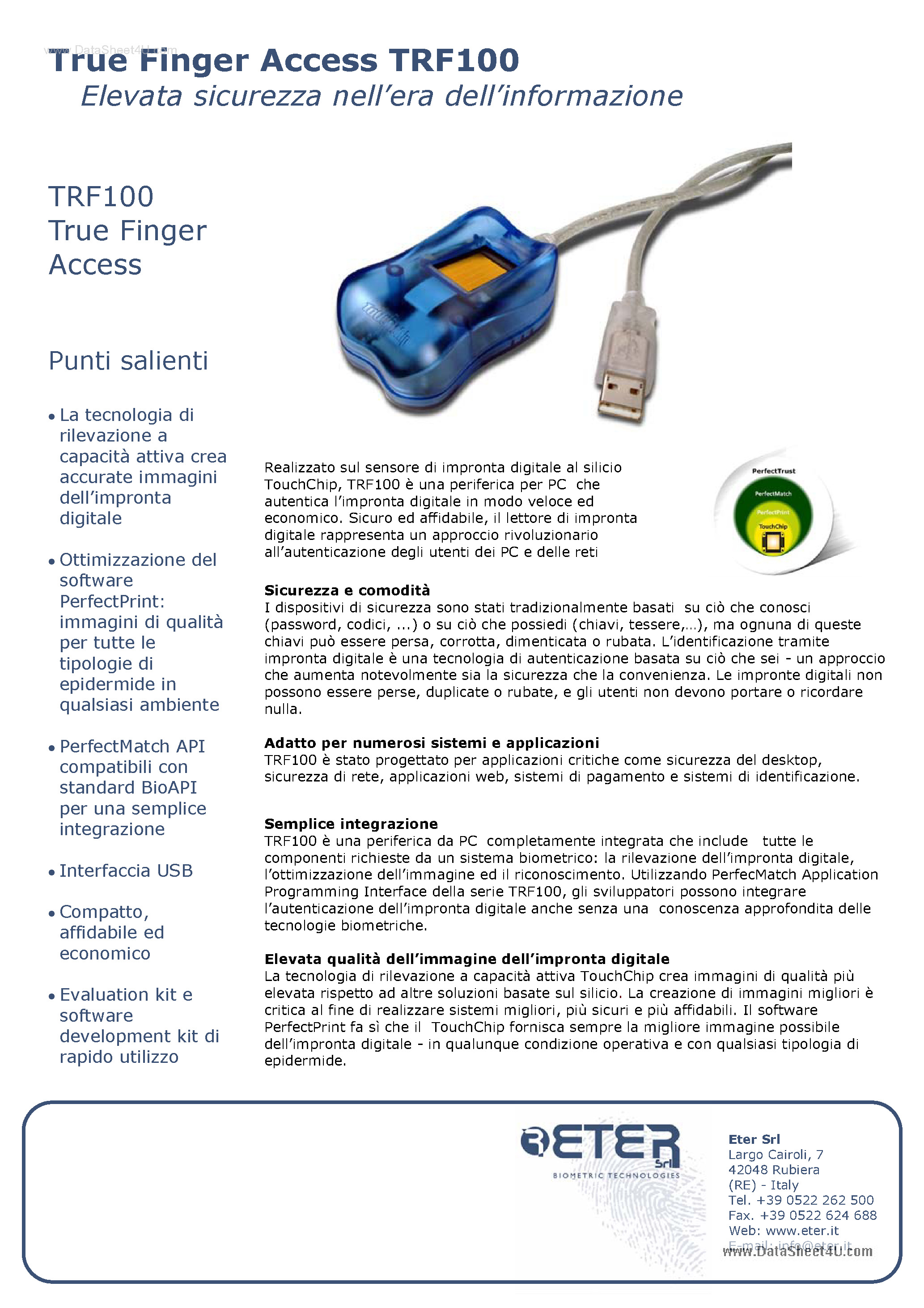 Datasheet TRF100 - True Finger Access page 1