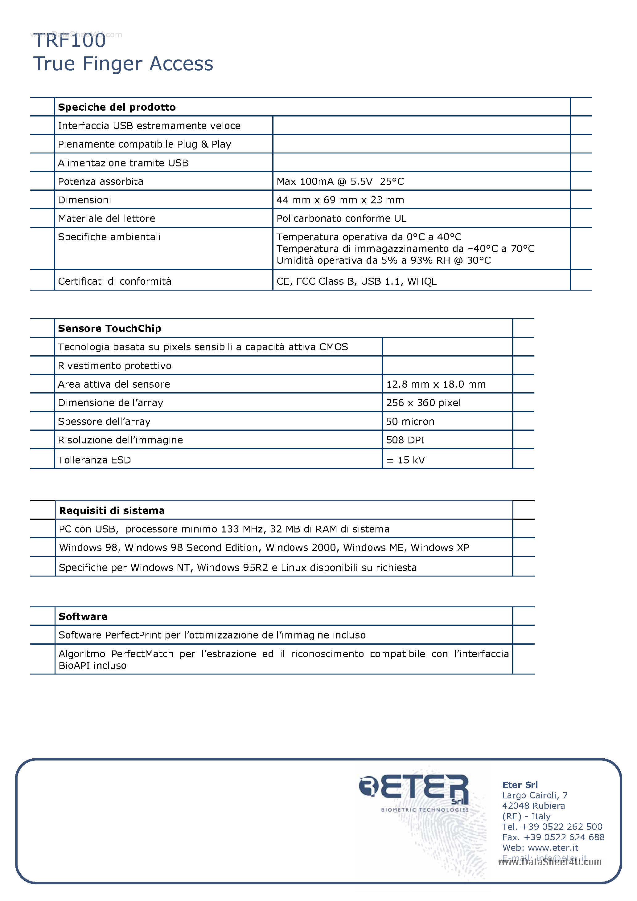 Datasheet TRF100 - True Finger Access page 2