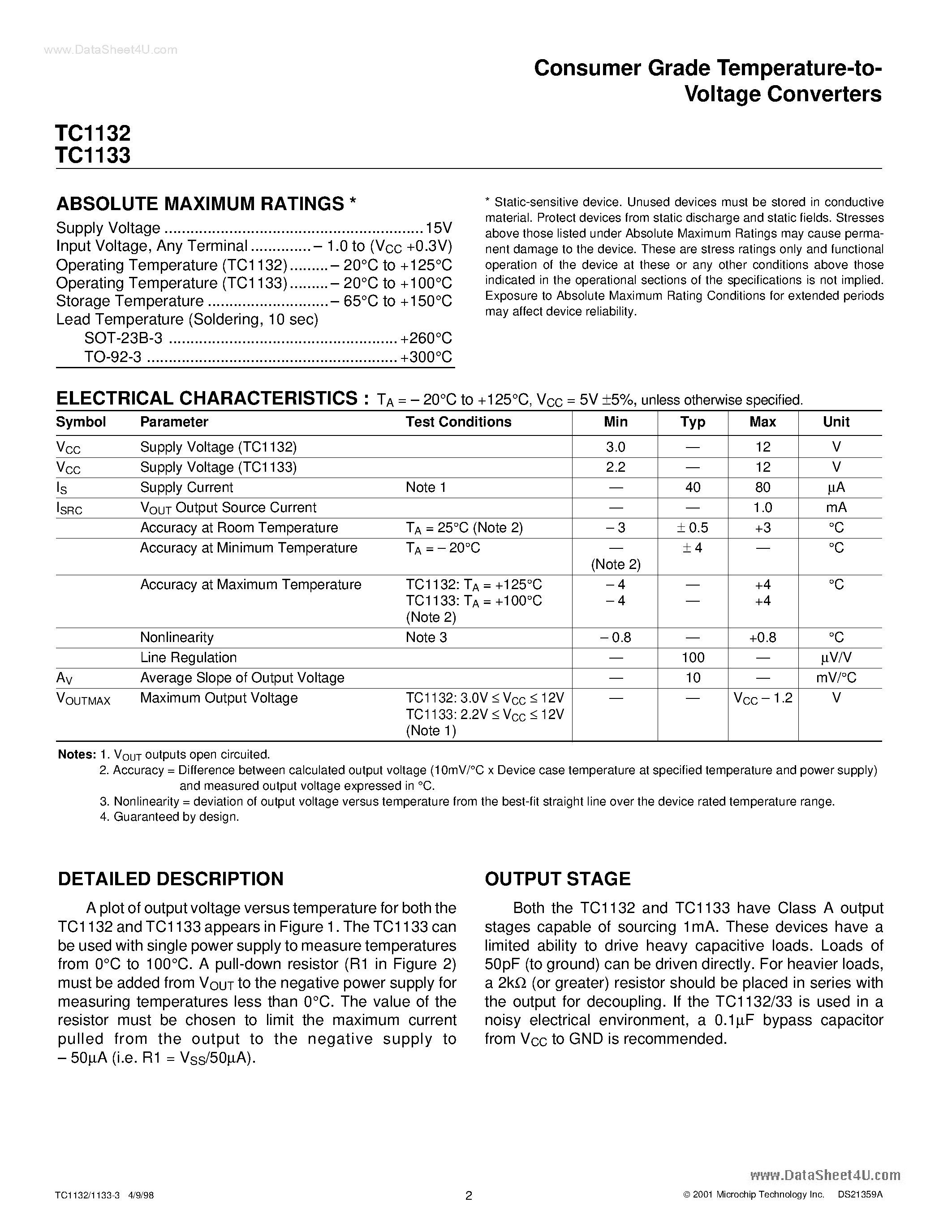 Datasheet TC1132 page 2 Datasheet TC1132 - (TC1132 / TC1133) Consumer Grade Temperature to Voltage Converters page 2