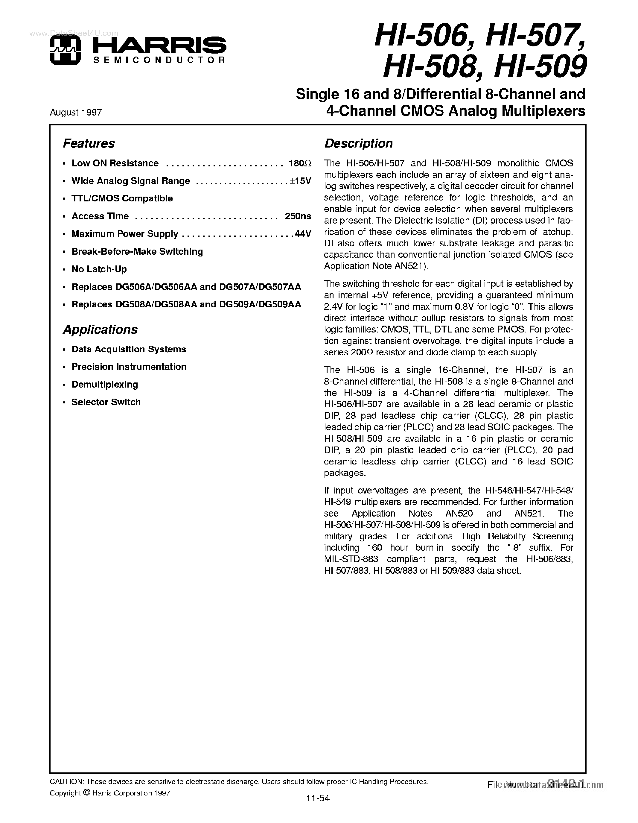 Datasheet HI4-0507 - (HI4-050x) SINGLE 16 AND 8/ DIFFERENTIAL 8 CHANNEL AND 4 CHANNEL CMOS ANALOG MULTIPLEXERS page 1