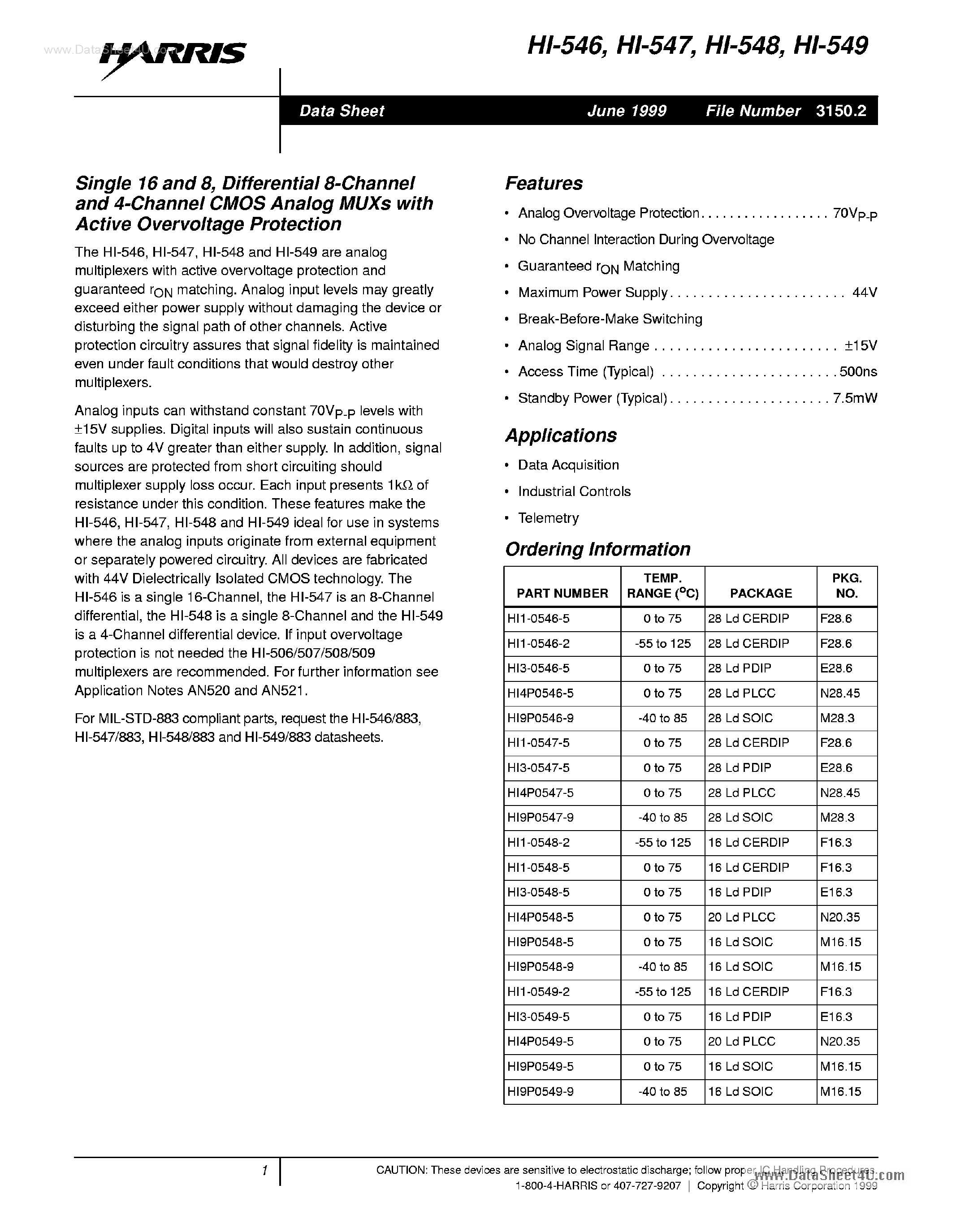 Datasheet HI-546 - (HI-54x) Single 16 and 8/ Differential 8-Channel and 4-Channel CMOS Analog MUXs page 1